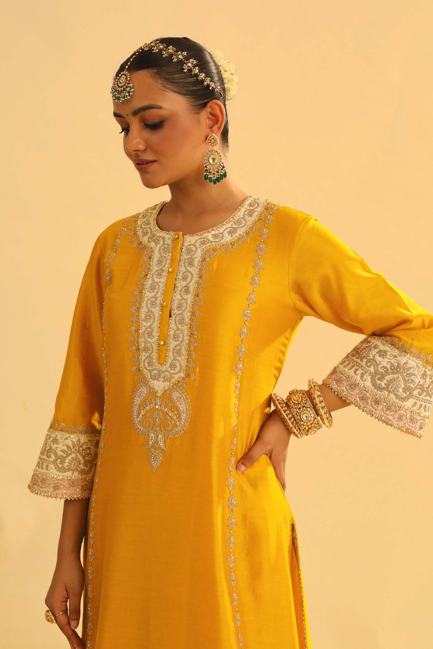 Asmira - Heirloom Mustard Long Kurta With Palazzo & Dupatta