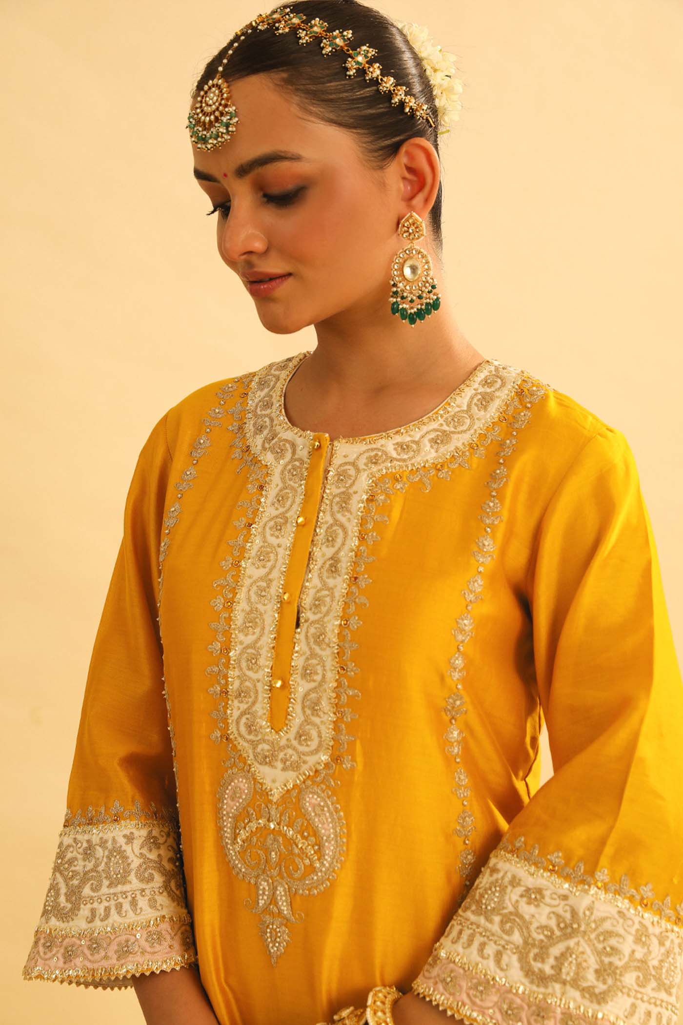Asmira - Heirloom Mustard Long Kurta With Palazzo & Dupatta