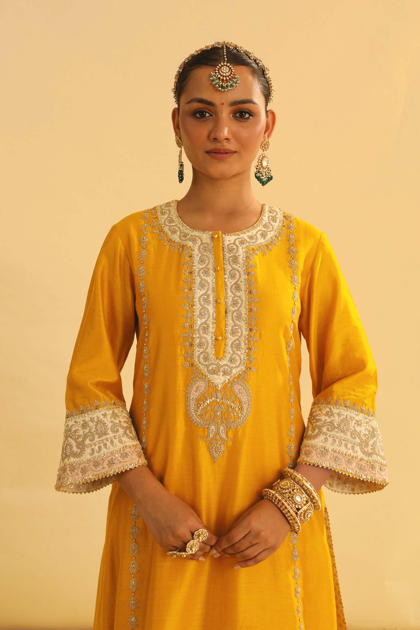 Asmira - Heirloom Mustard Long Kurta With Palazzo & Dupatta