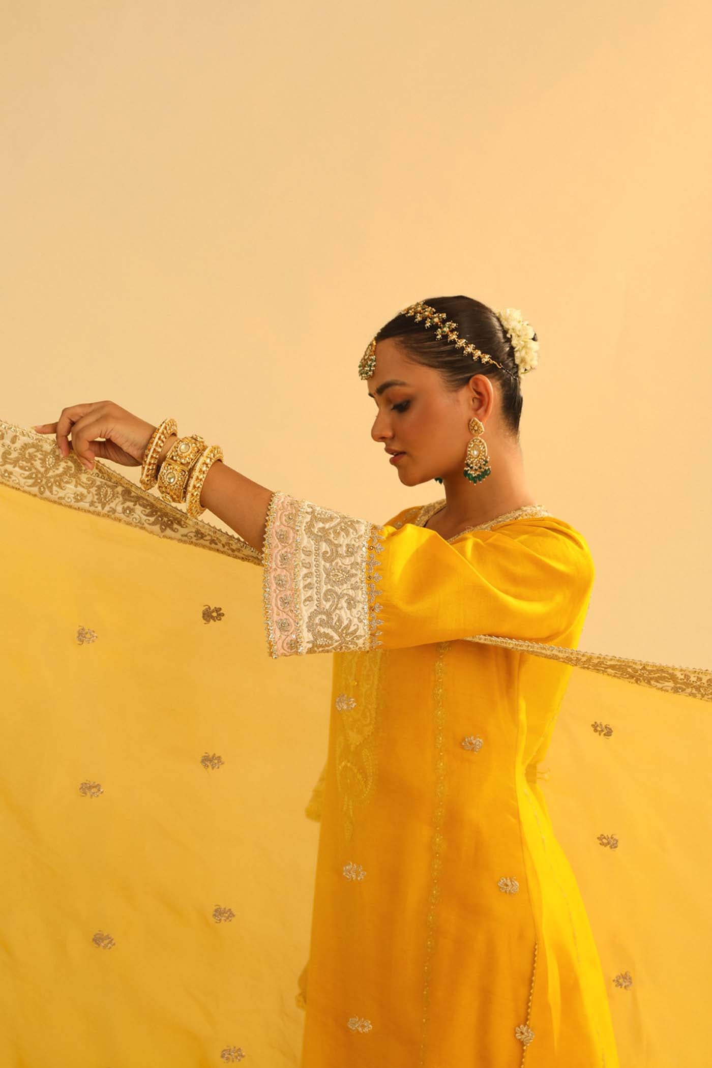 Asmira - Heirloom Mustard Long Kurta With Palazzo & Dupatta