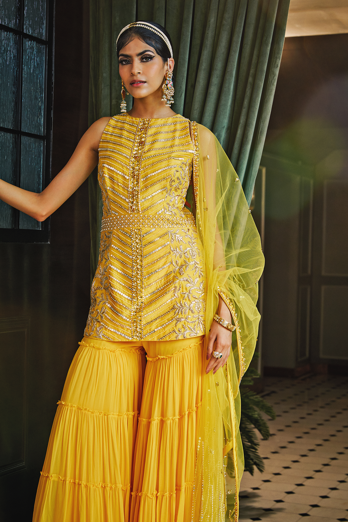 Mango Short Kurta And Tiered Sharara Pants With Dupatta Set