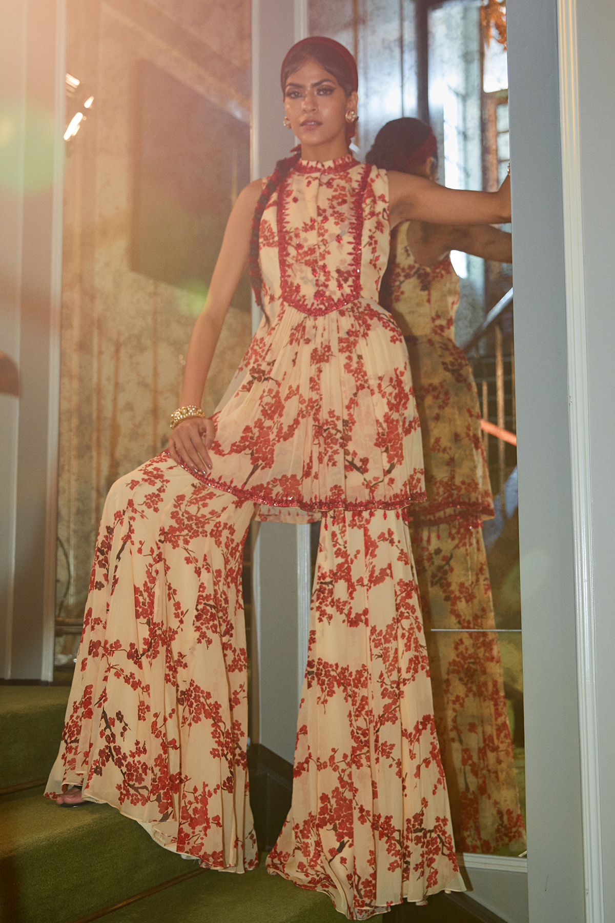 Ivory And Red Cherry Printed Kurta And Sharara Set