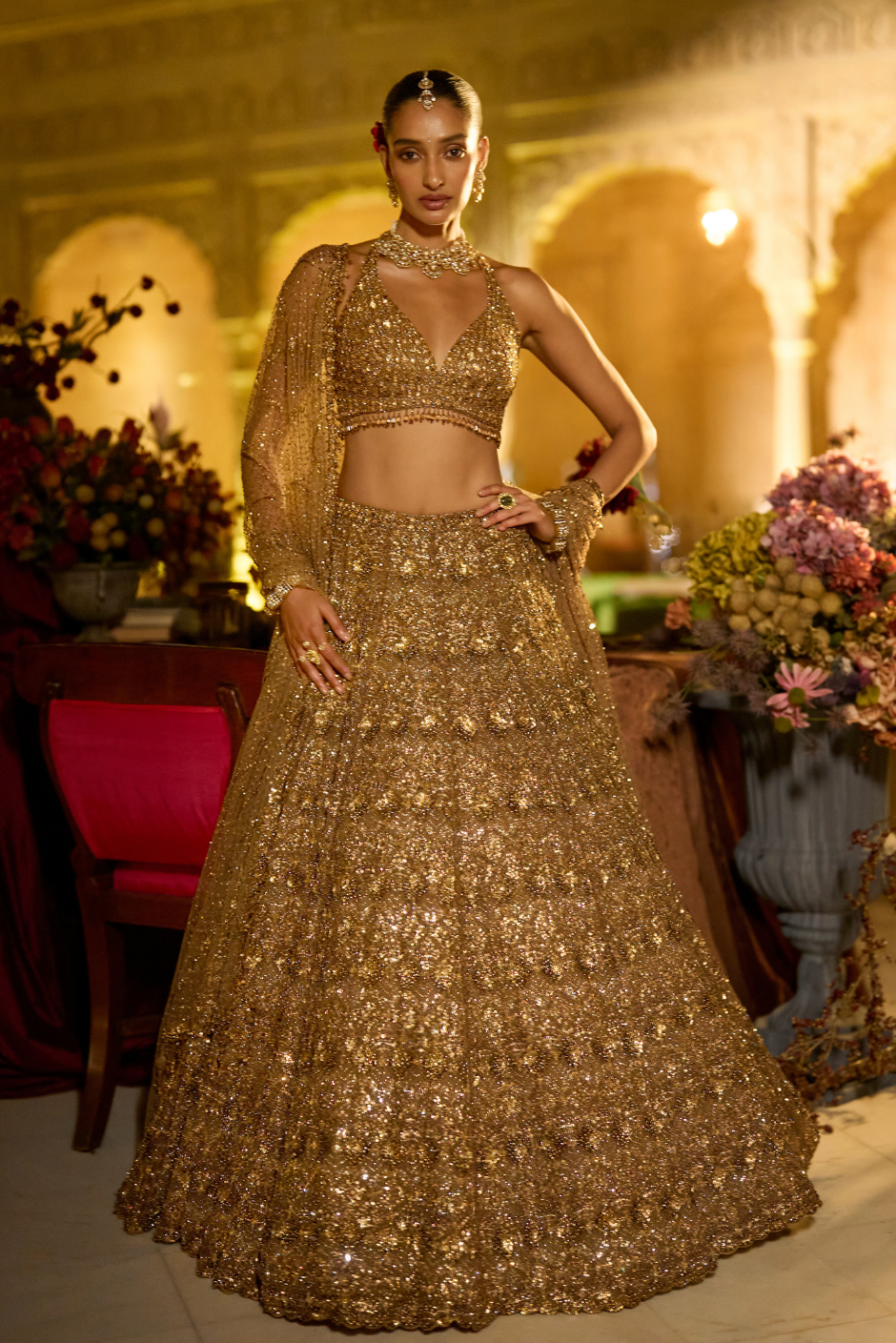 Antique Gold Sequin Lehenga Set