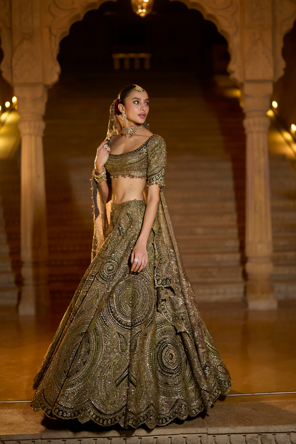 Moss Green Applique Lehenga Set
