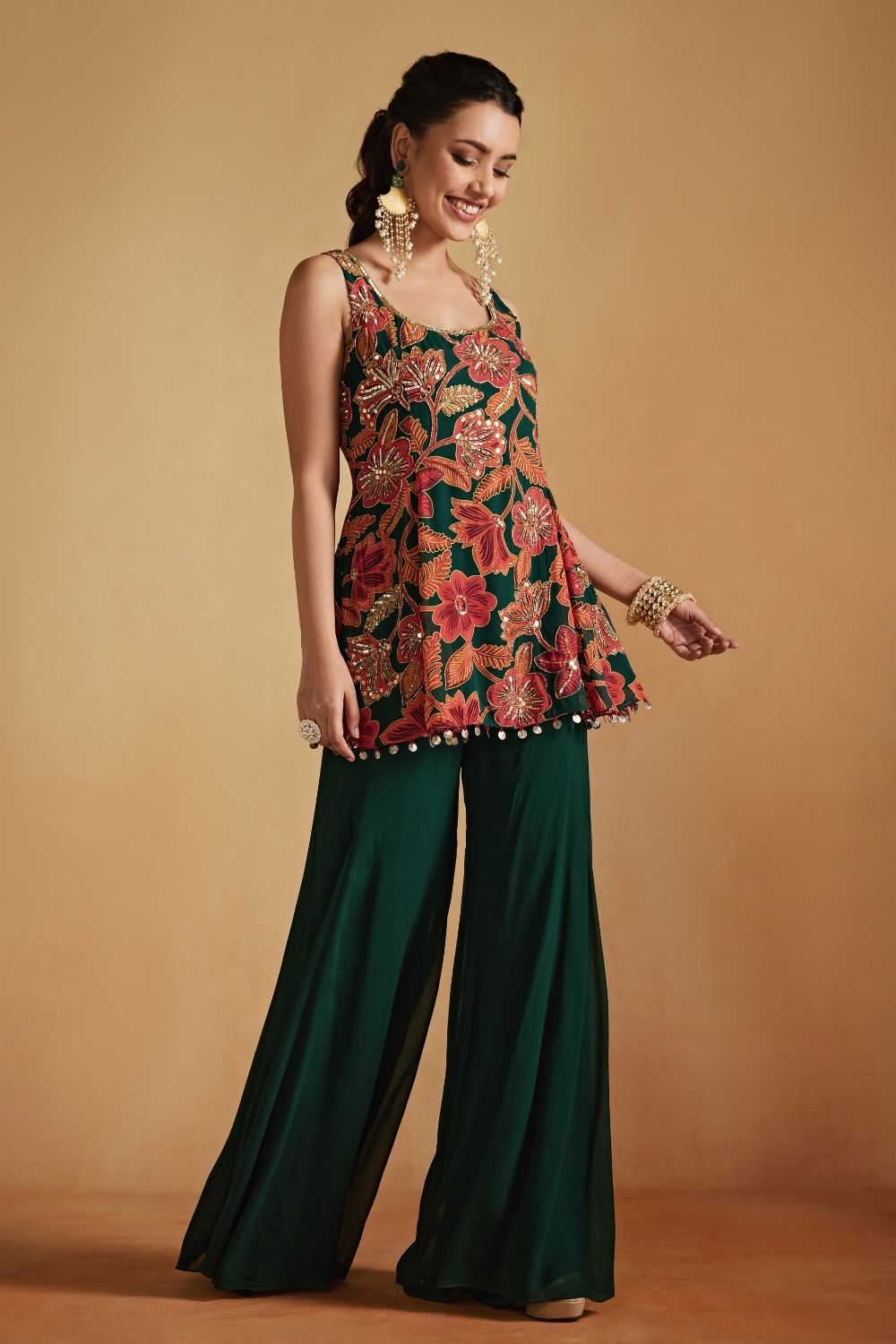 Green Floral Printed Gathered Top And Pants Set