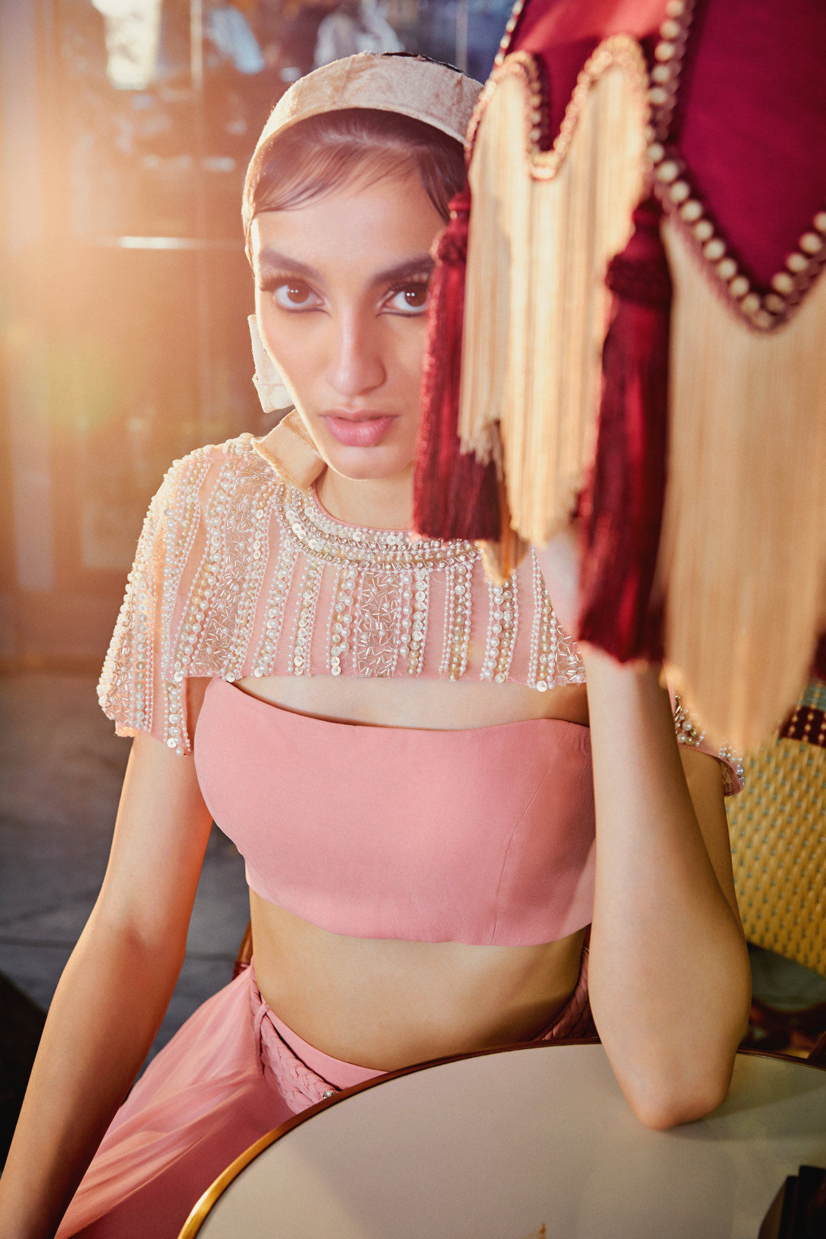 Pink Skirt With Bustier And Super Short Cape Set