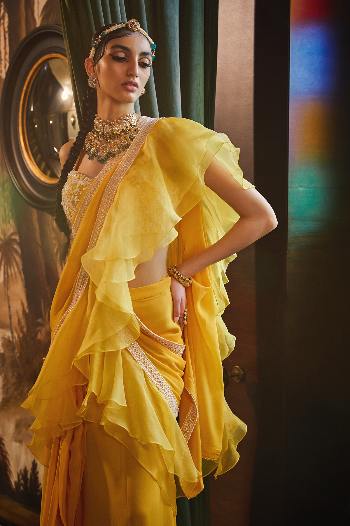 Mango Pre Stitched Ruffled Saree With Embroidered Bustier Blouse