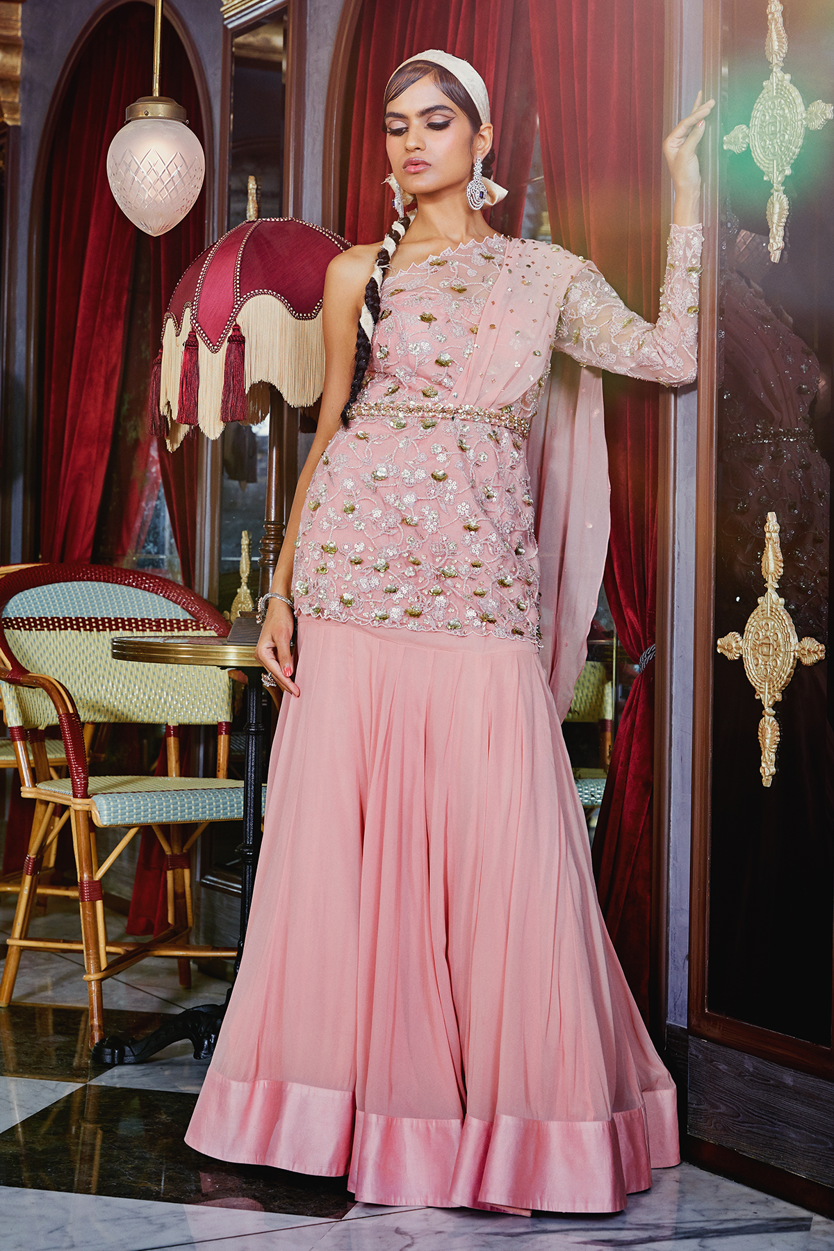 Pink One Shoulder Shirt With Mermaid Skirt Set
