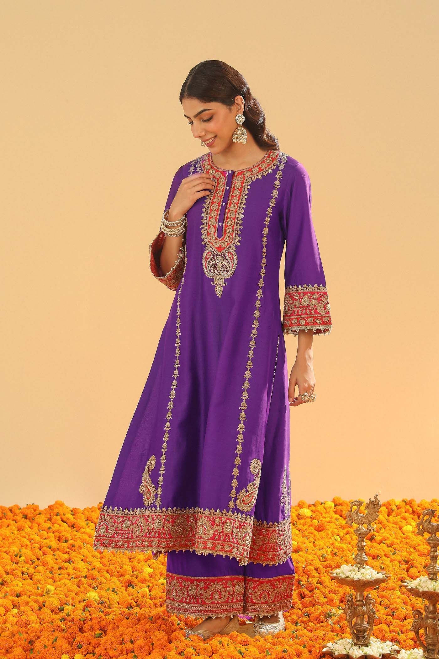 Maisha - Deep Purple Long A-Line Kurta With Palazzo