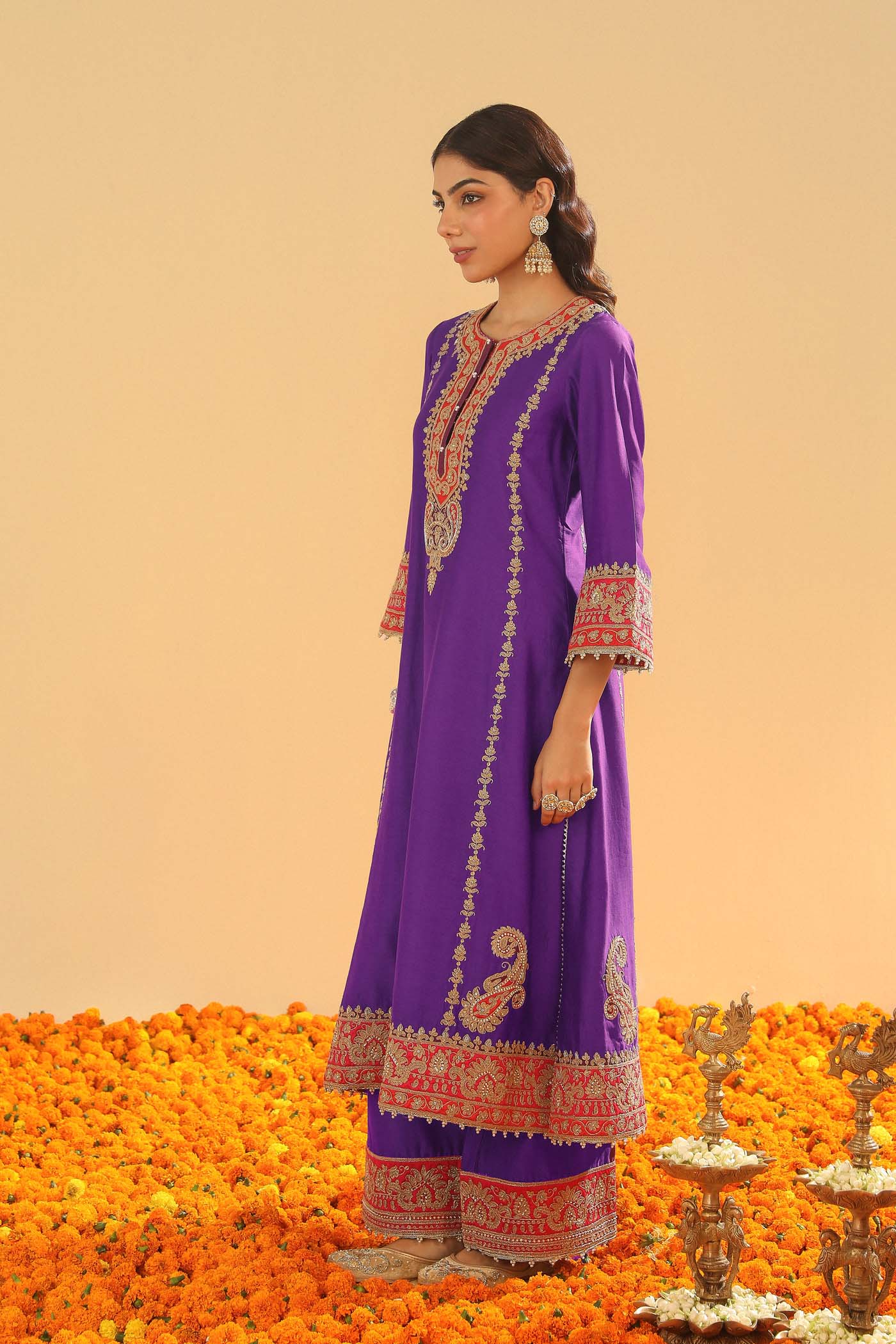 Maisha - Deep Purple Long A-Line Kurta With Palazzo