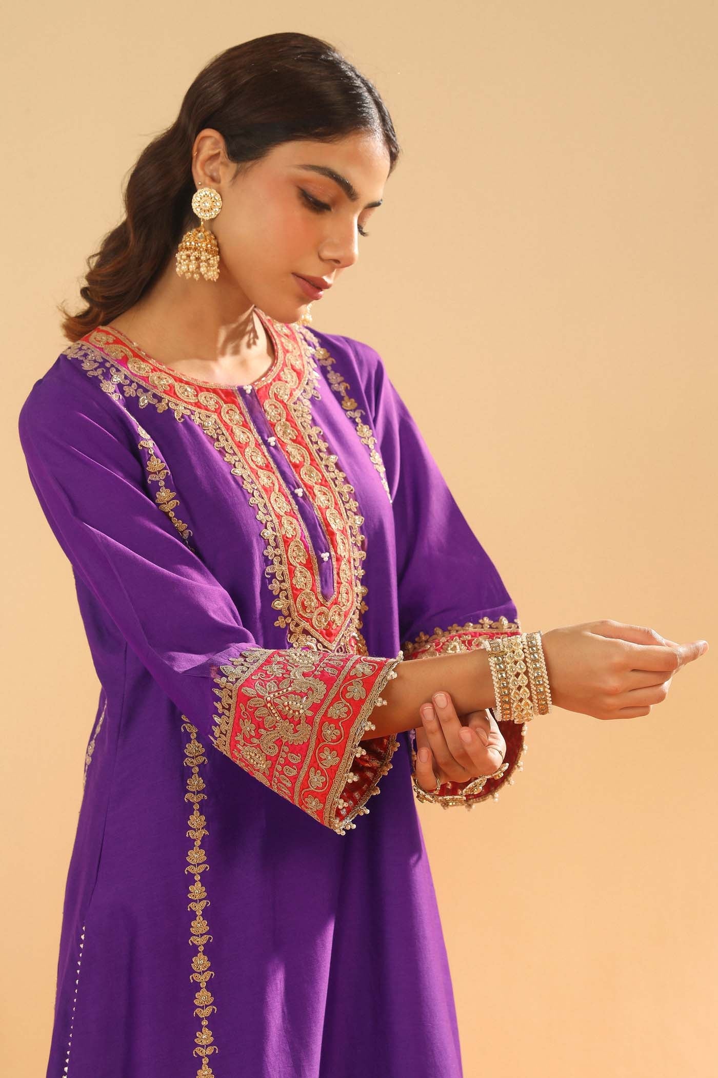 Maisha - Deep Purple Long A-Line Kurta With Palazzo