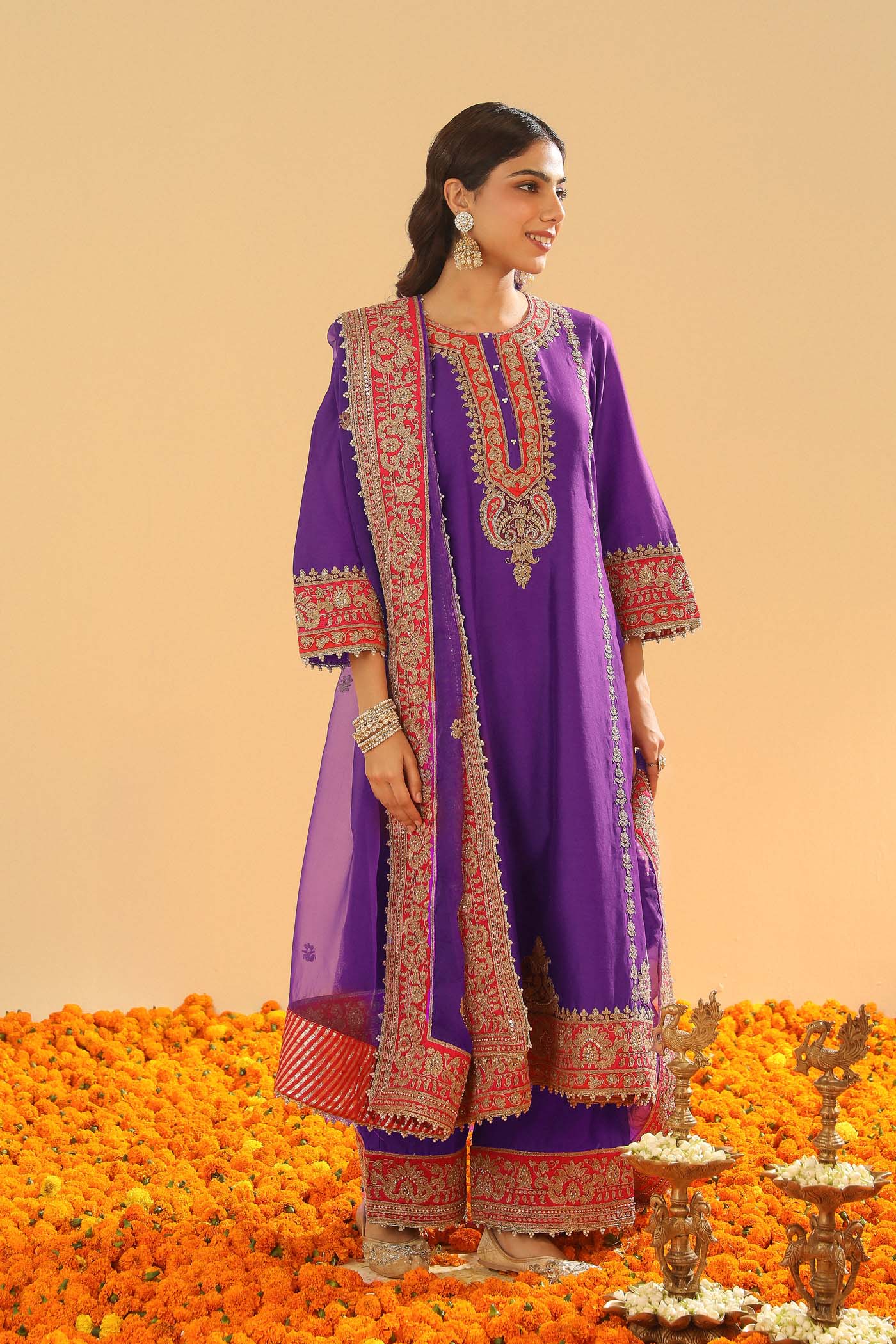 Maisha - Deep Purple Long A-Line Kurta With Palazzo