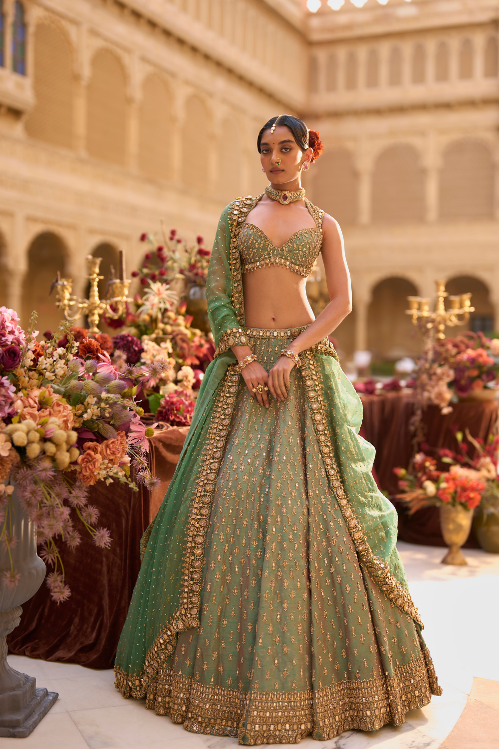 Green Gold Zardosi Lehenga Set