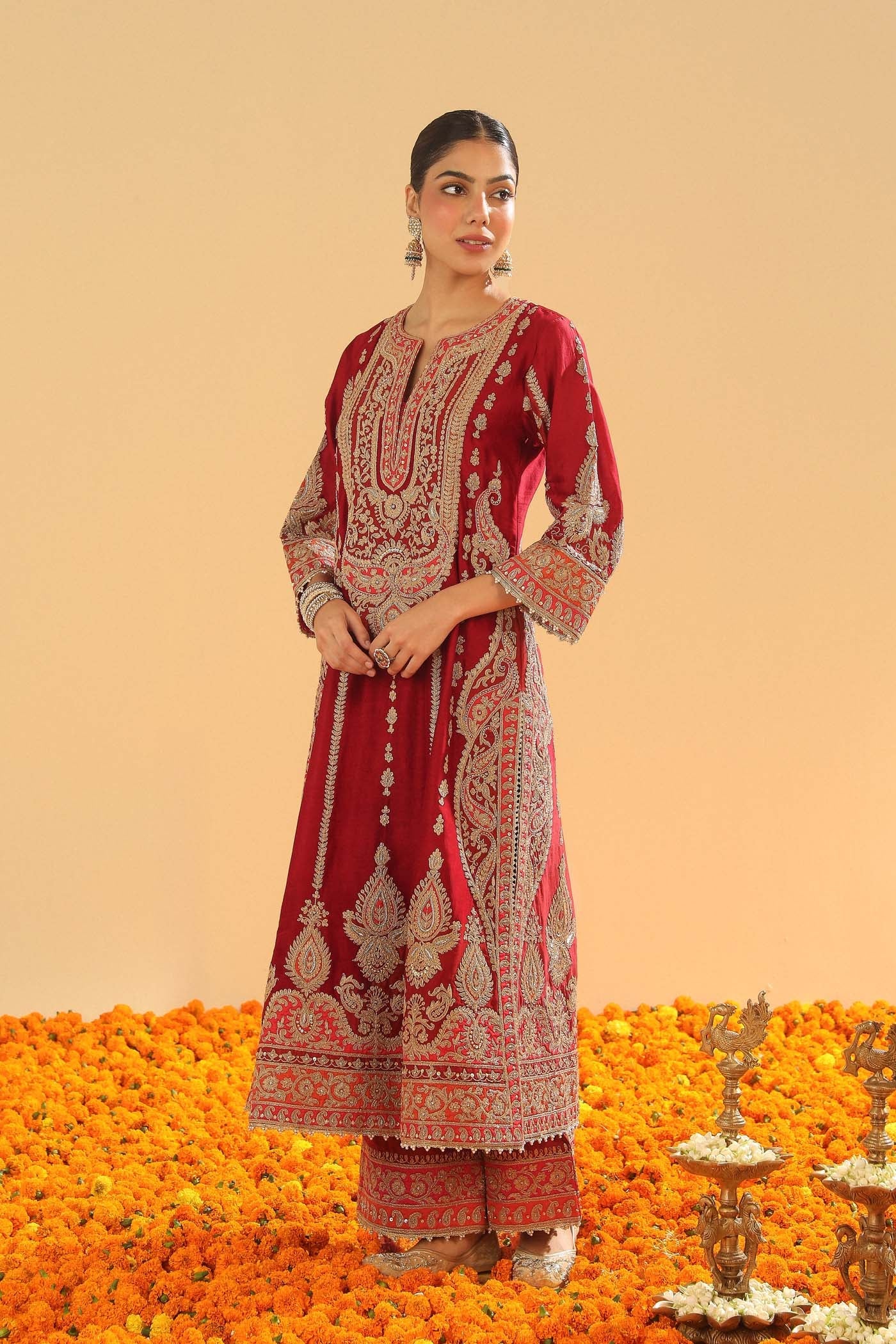 Rua - Deep Red Long A-Line Kurta With Palazzo