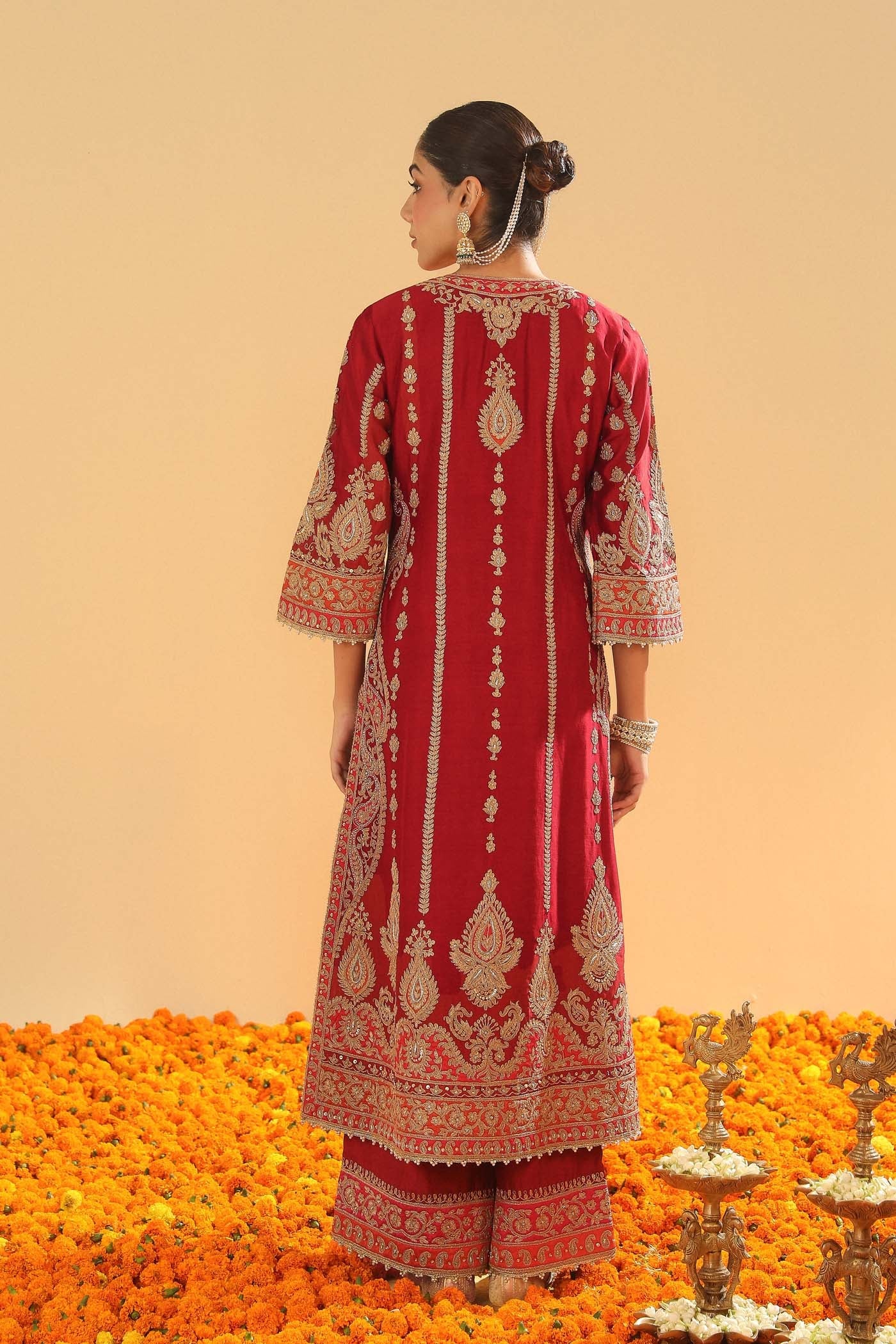 Rua - Deep Red Long A-Line Kurta With Palazzo
