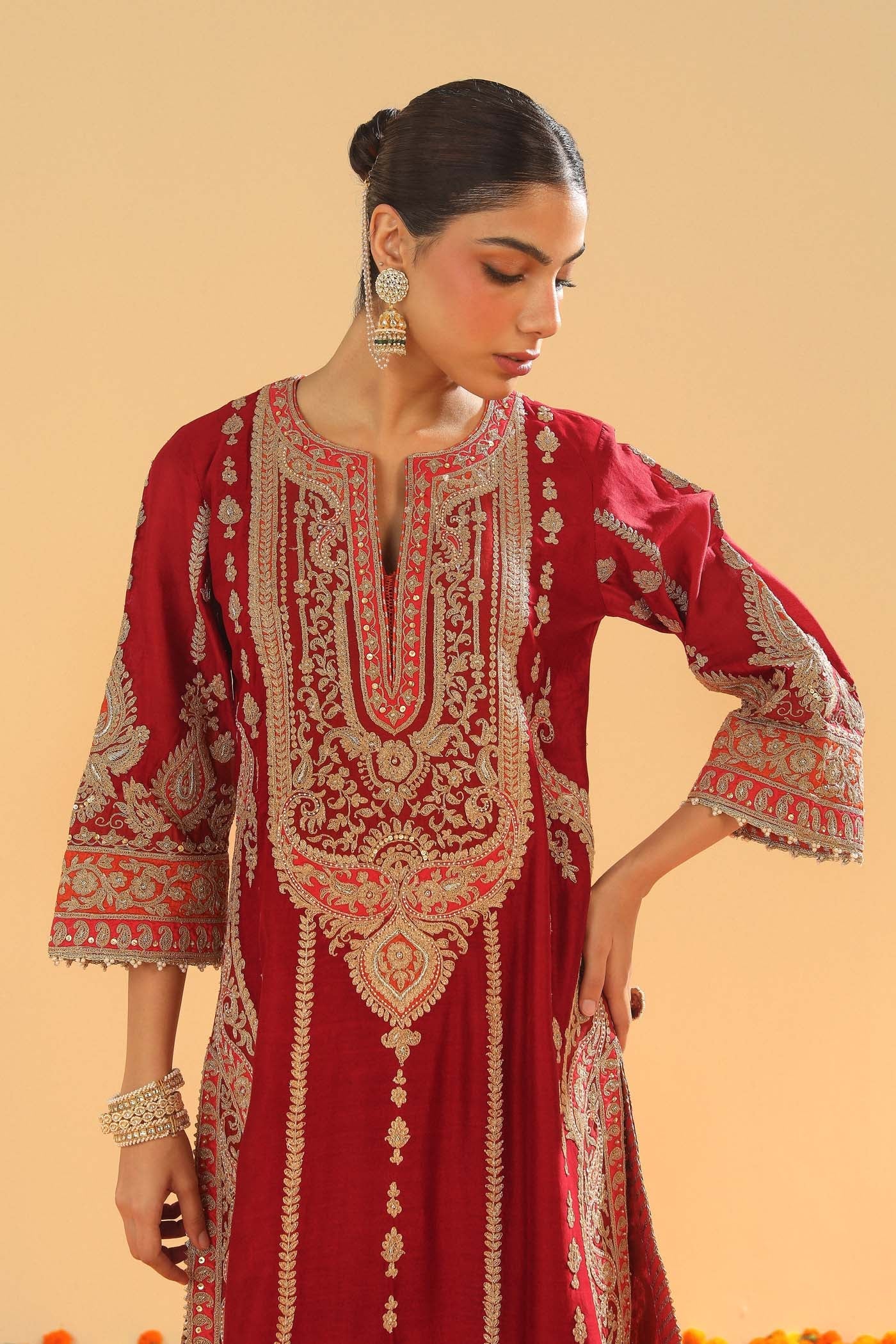 Rua - Deep Red Long A-Line Kurta With Palazzo