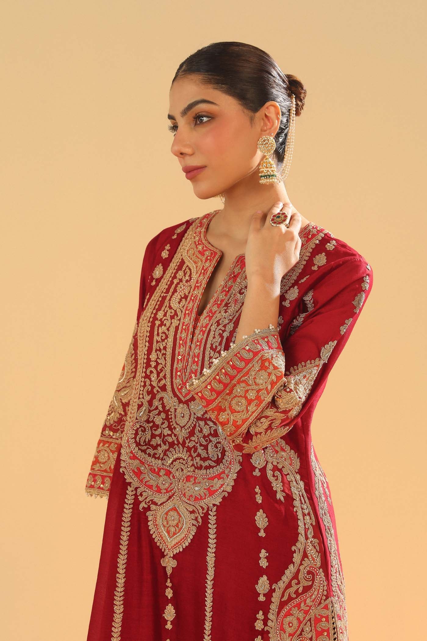 Rua - Deep Red Long A-Line Kurta With Palazzo