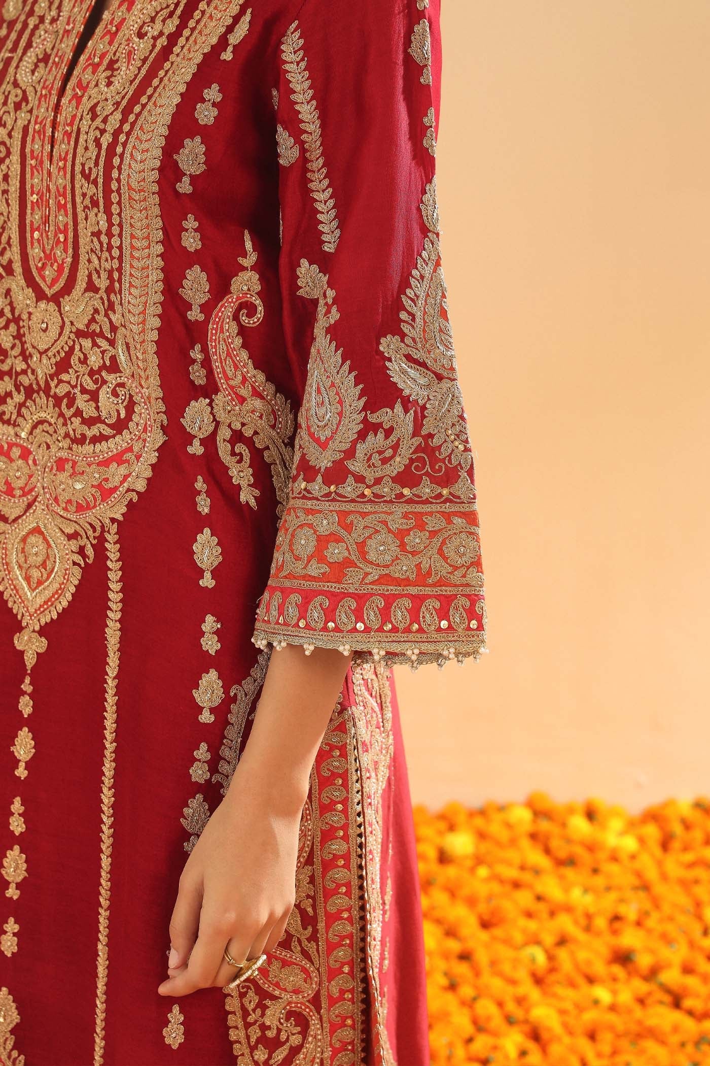 Rua - Deep Red Long A-Line Kurta With Palazzo