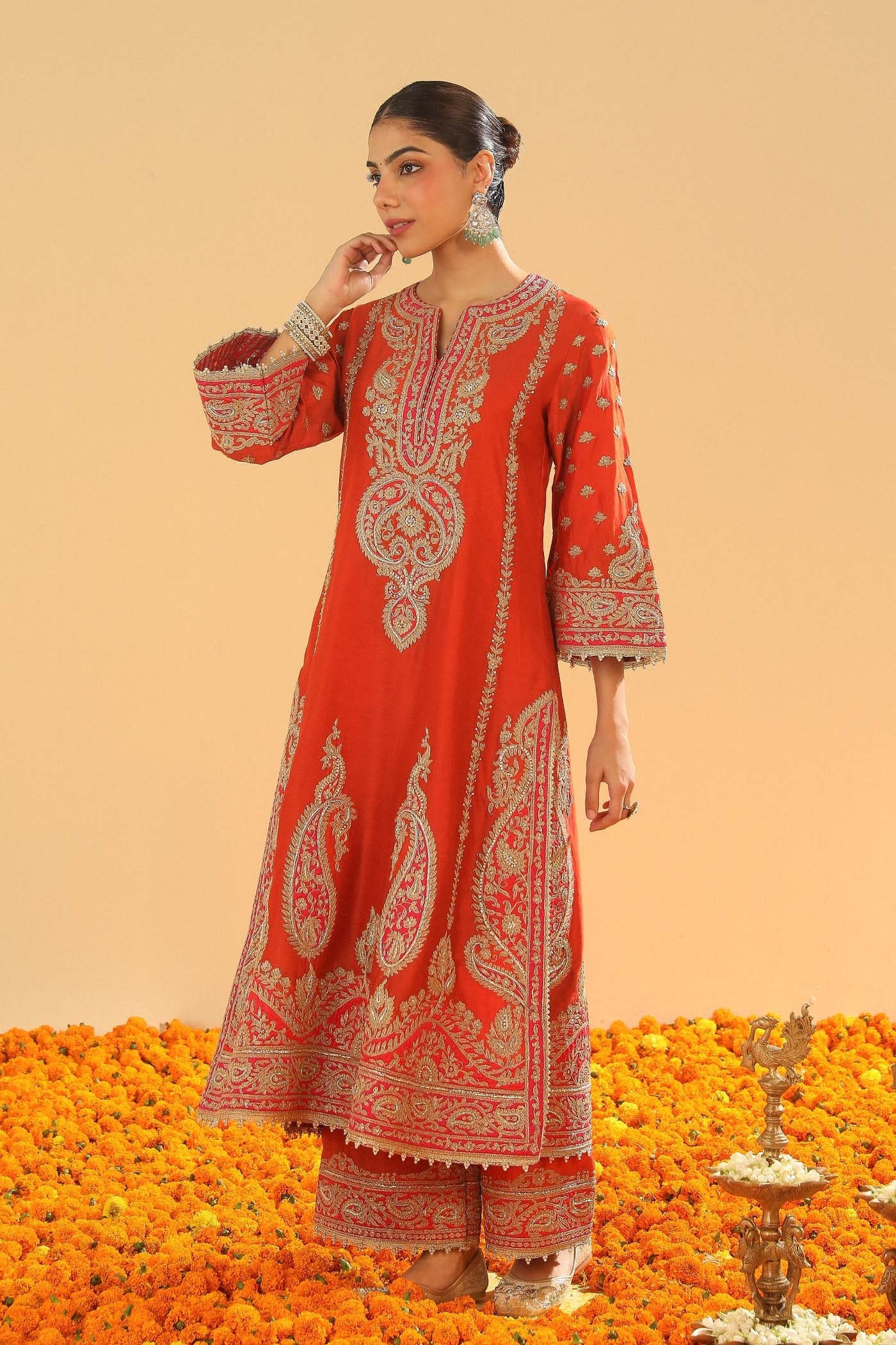 Misam - Burnt Orange Long A-Line Kurta With Palazzo