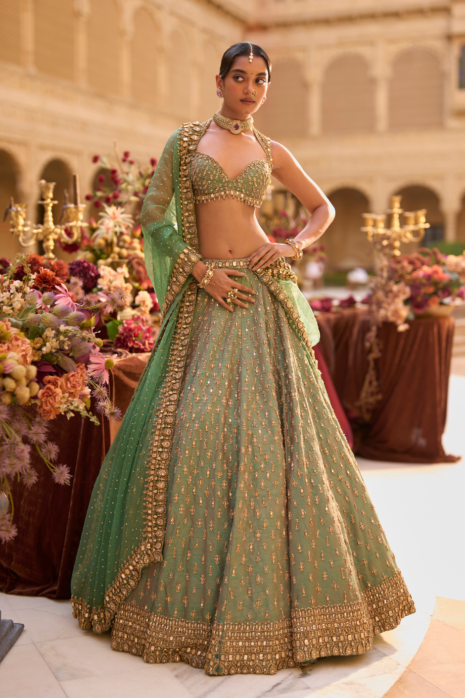 Green Gold Zardosi Lehenga Set