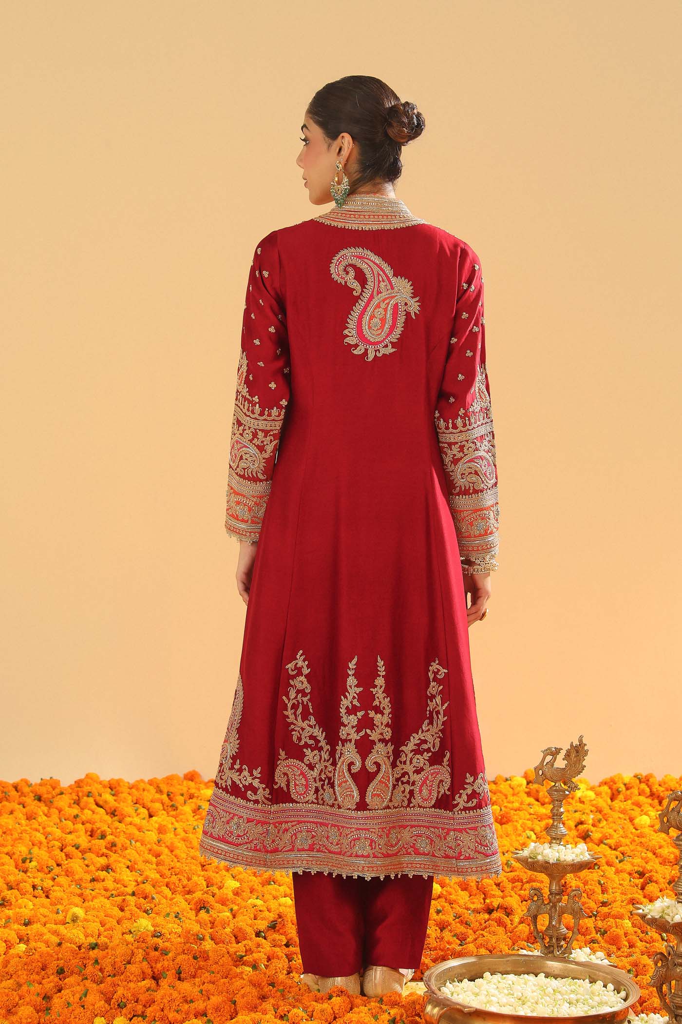 Minara - Deep Red Long A-Line Jacket With Pant