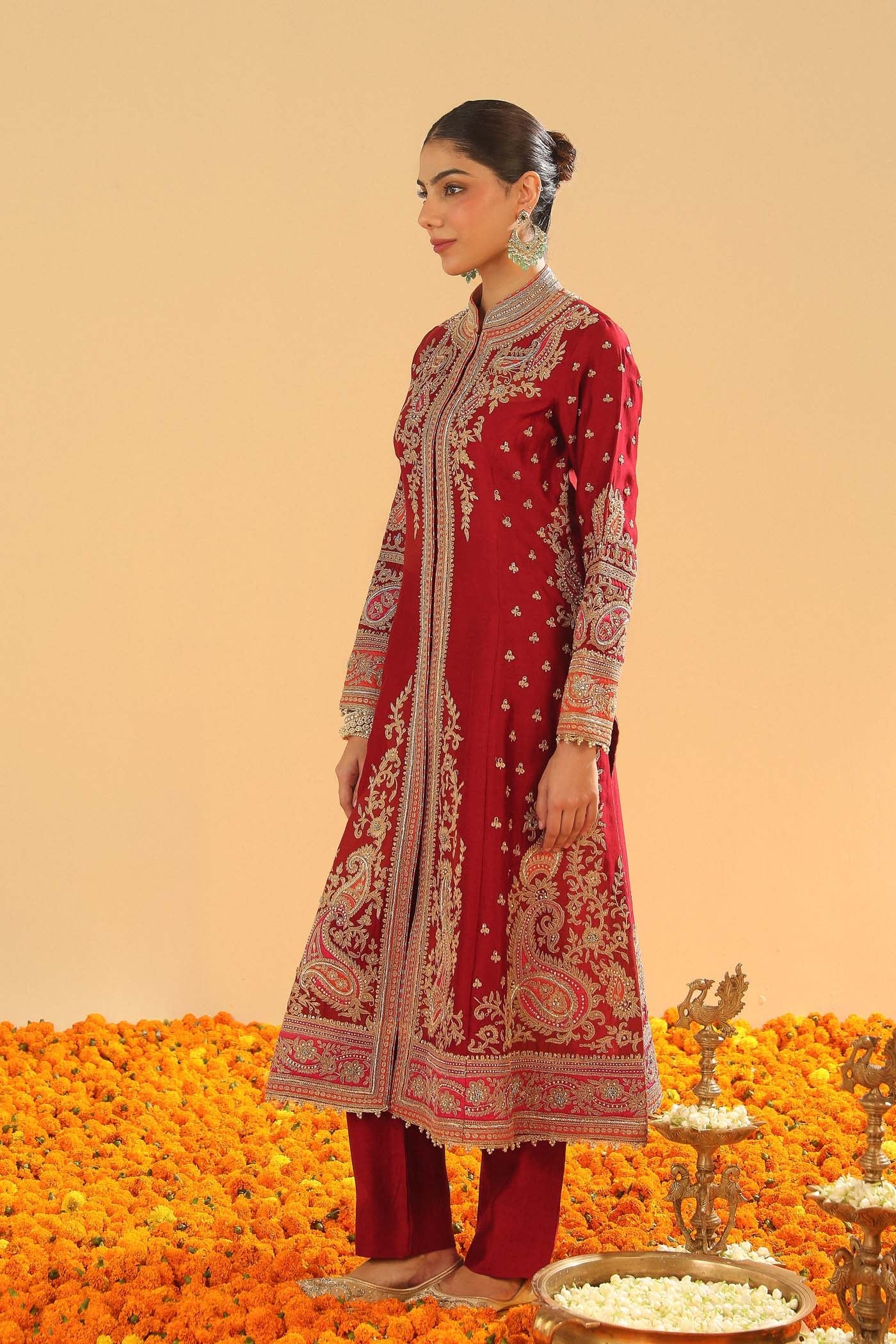 Minara - Deep Red Long A-Line Jacket With Pant