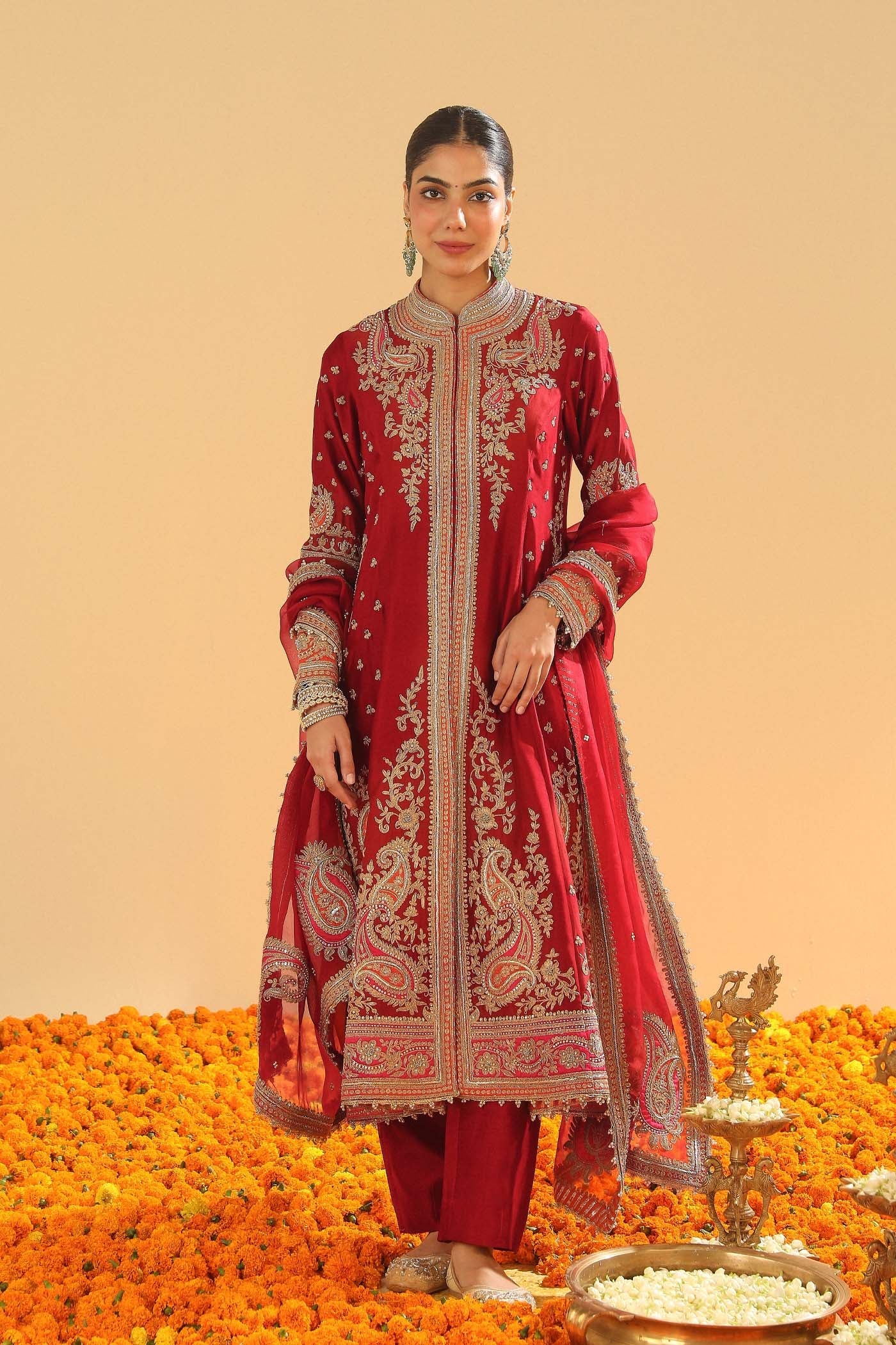 Minara - Deep Red Long A-Line Jacket With Pant
