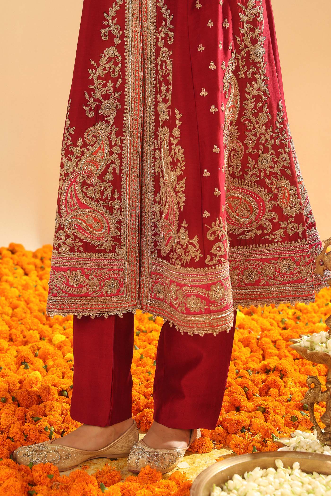 Minara - Deep Red Long A-Line Jacket With Pant