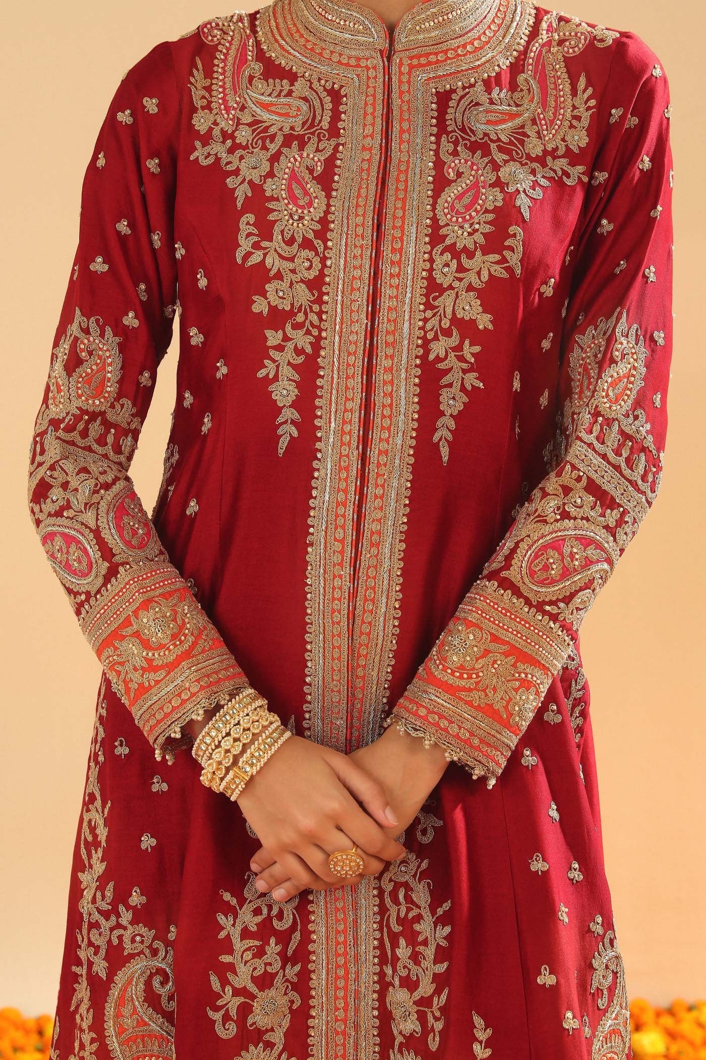 Minara - Deep Red Long A-Line Jacket With Pant