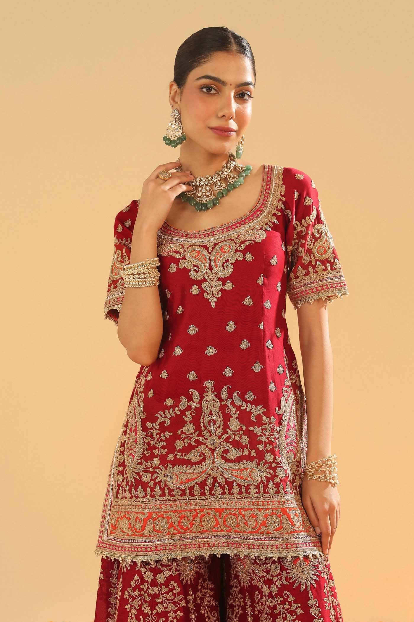 Sehrish - Deep Red Short Kurta With Sharara