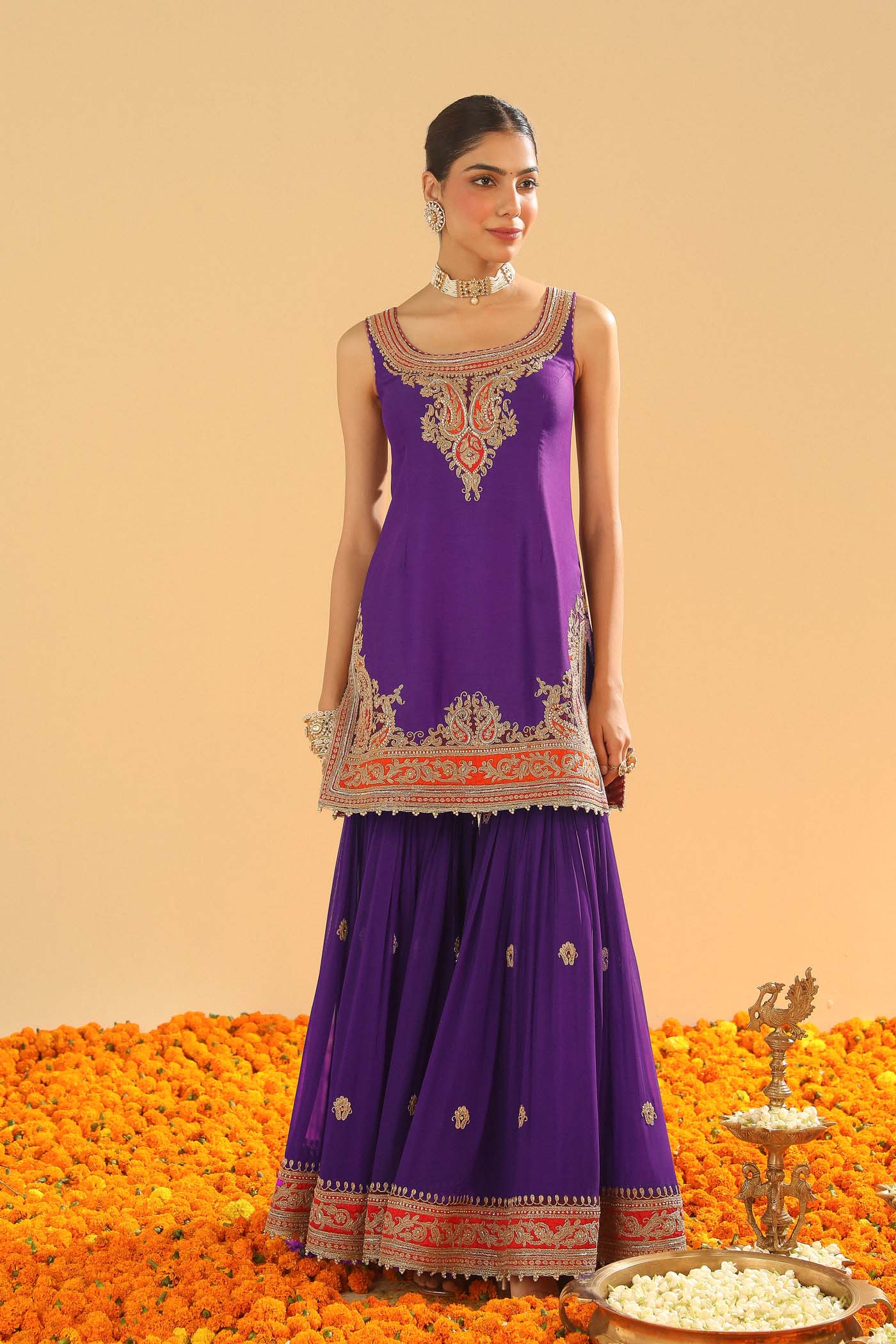 Maziyah - Deep Purple Short Kurta With Garara