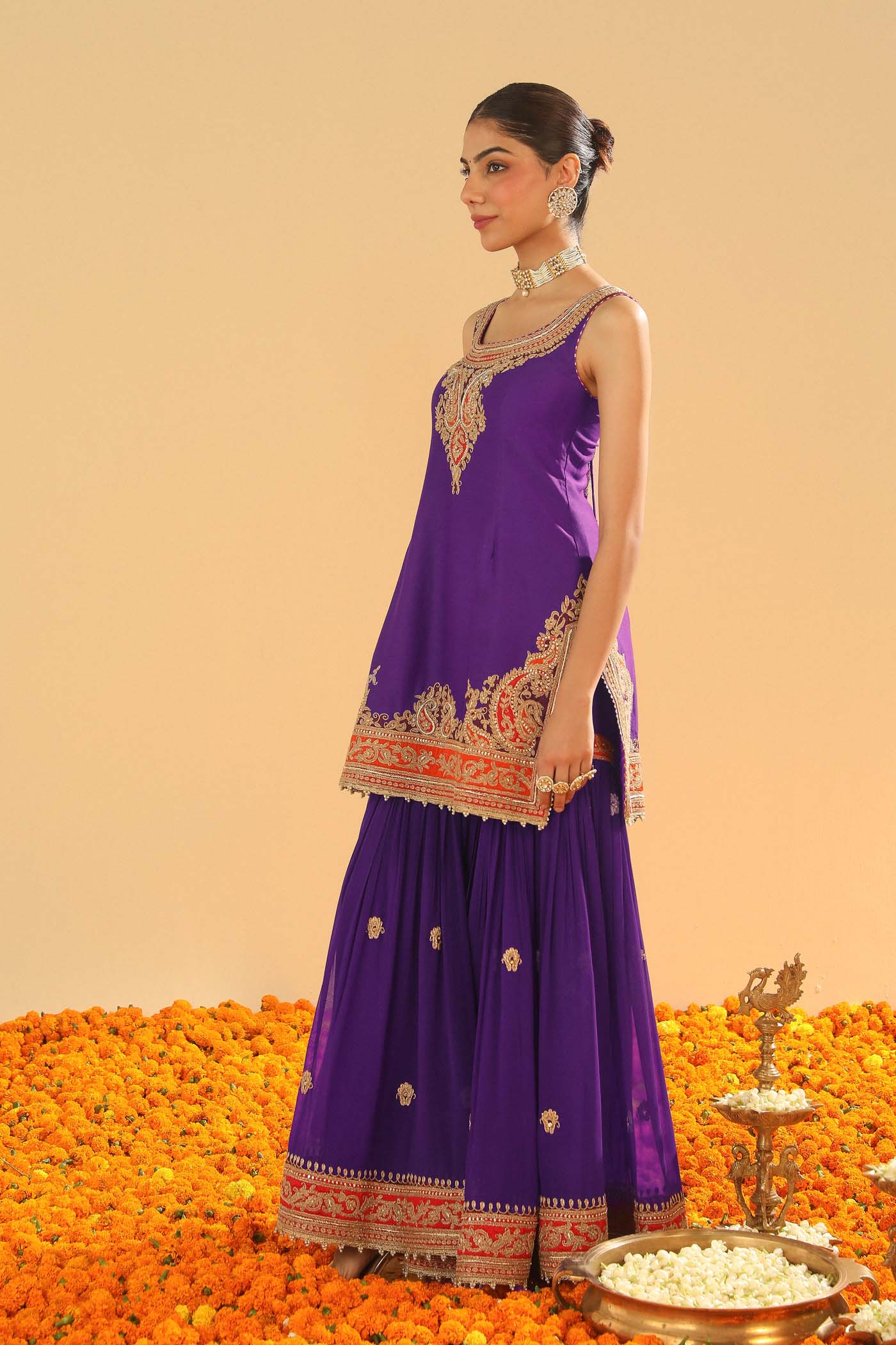 Maziyah - Deep Purple Short Kurta With Garara