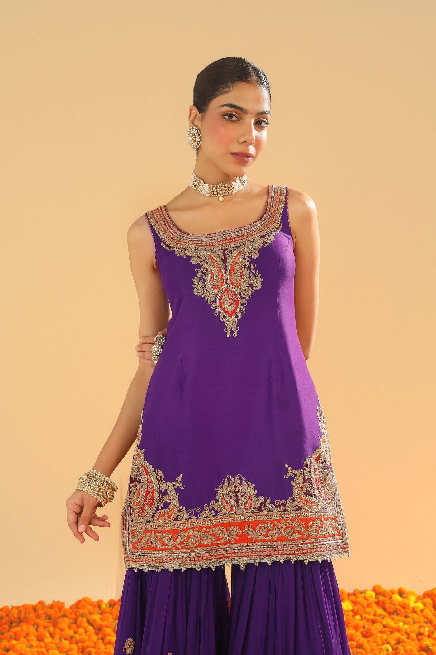 Maziyah - Deep Purple Short Kurta With Garara