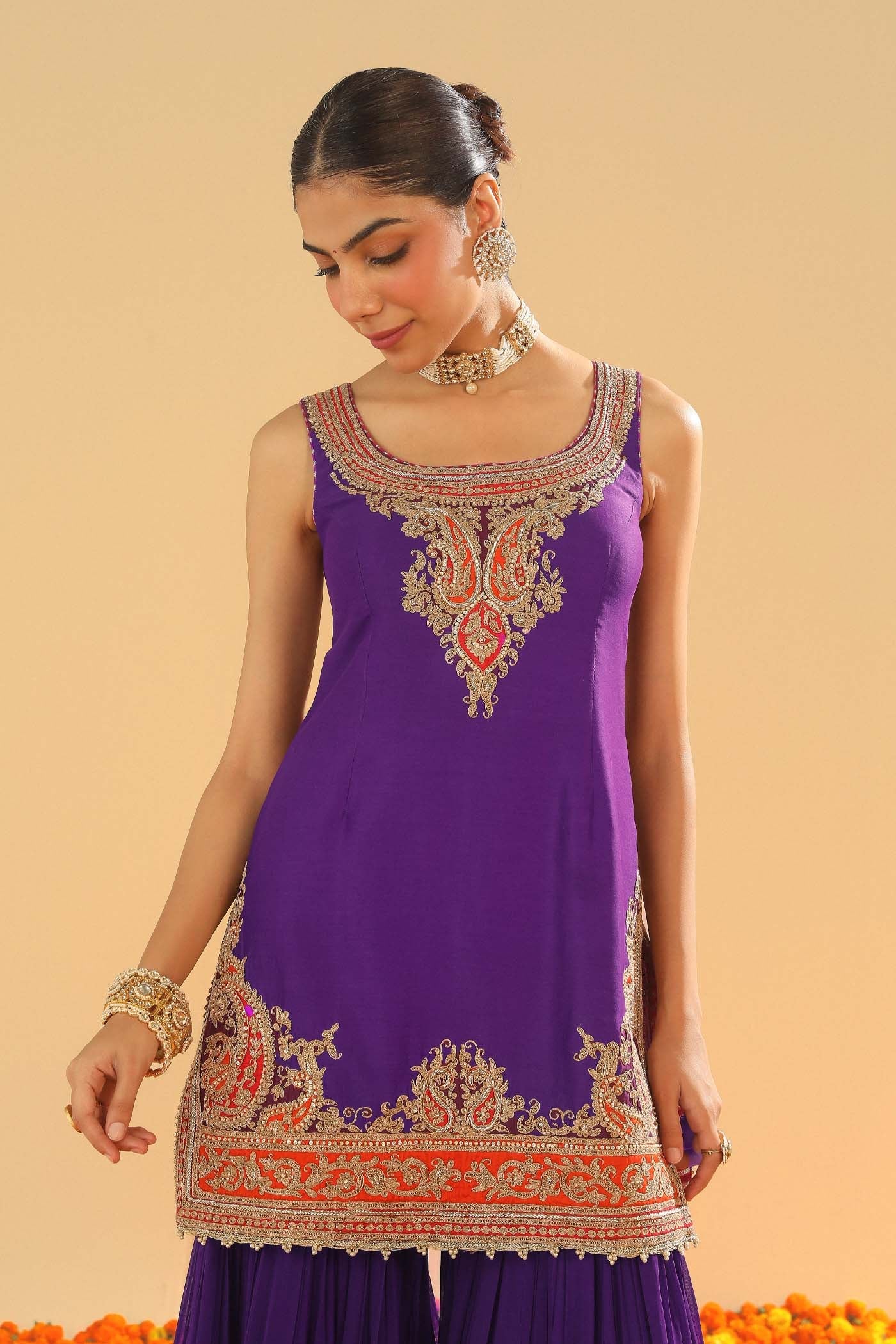 Maziyah - Deep Purple Short Kurta With Garara