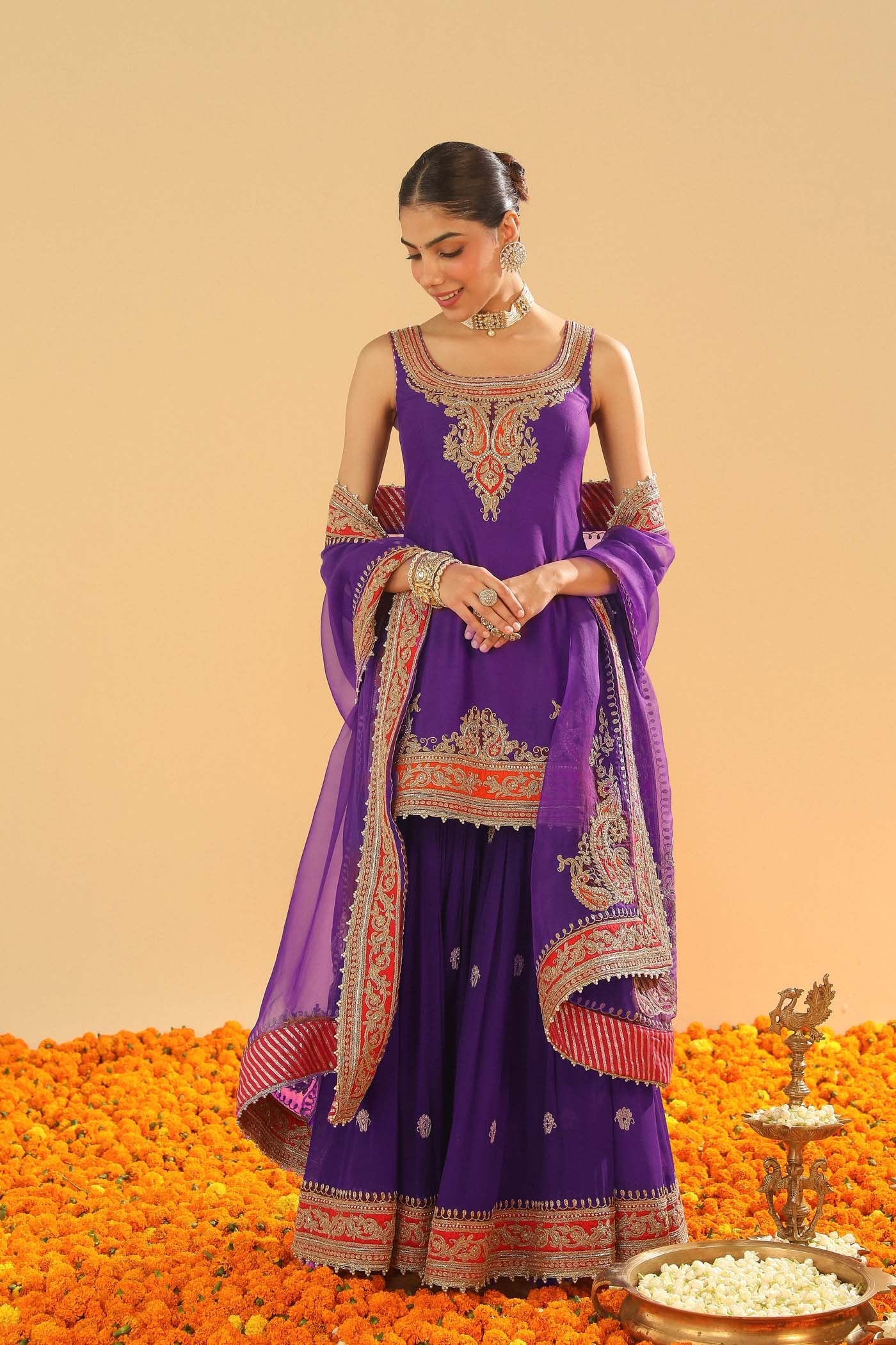 Maziyah - Deep Purple Short Kurta With Garara