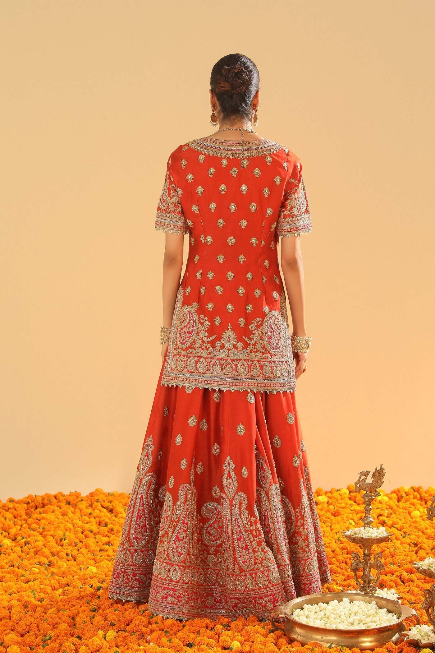 Shazfa - Burnt Orange Short Kurta With Sharara