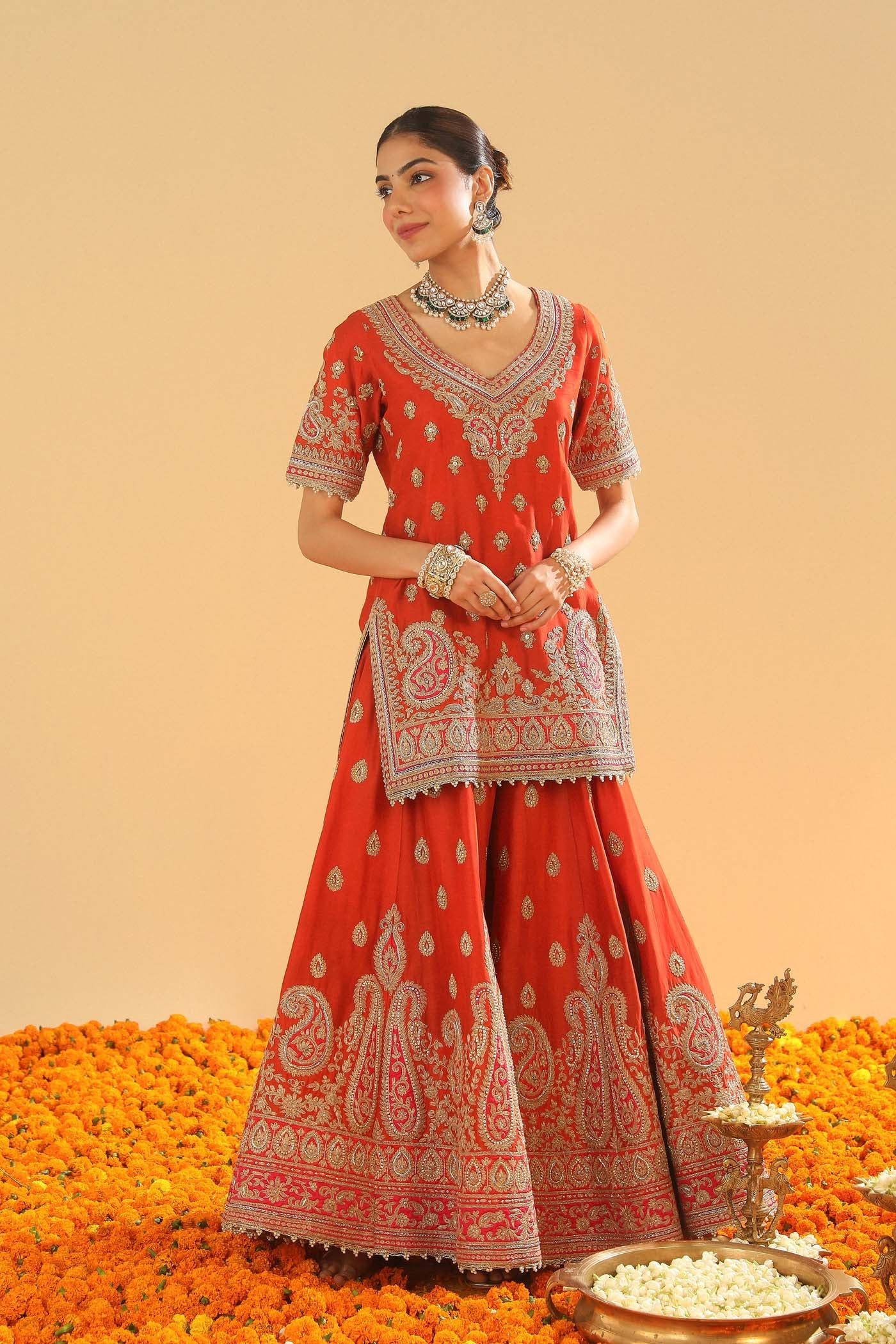 Shazfa - Burnt Orange Short Kurta With Sharara