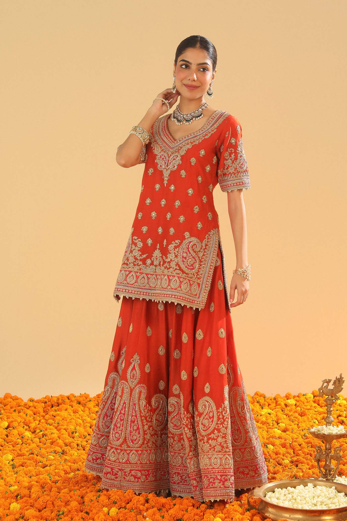 Shazfa - Burnt Orange Short Kurta With Sharara