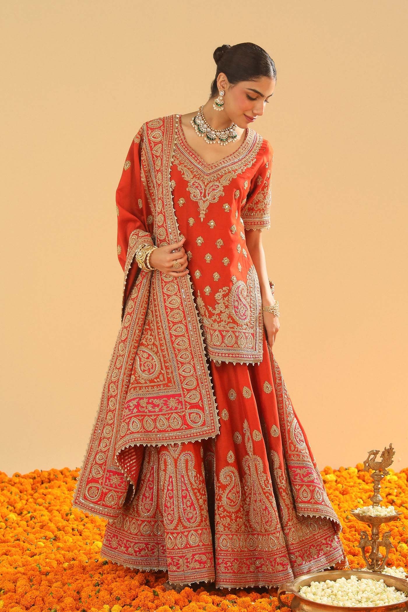 Shazfa - Burnt Orange Short Kurta With Sharara