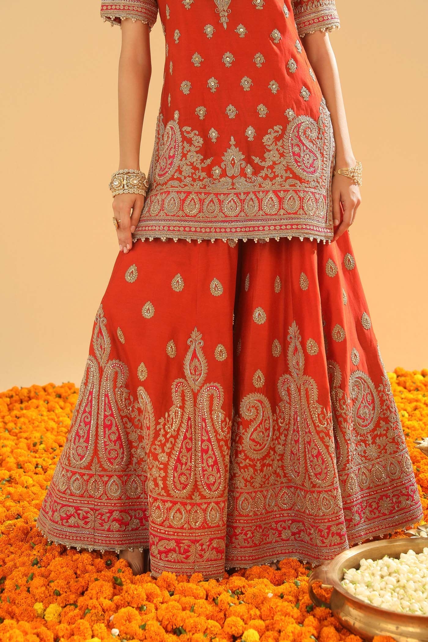 Shazfa - Burnt Orange Short Kurta With Sharara
