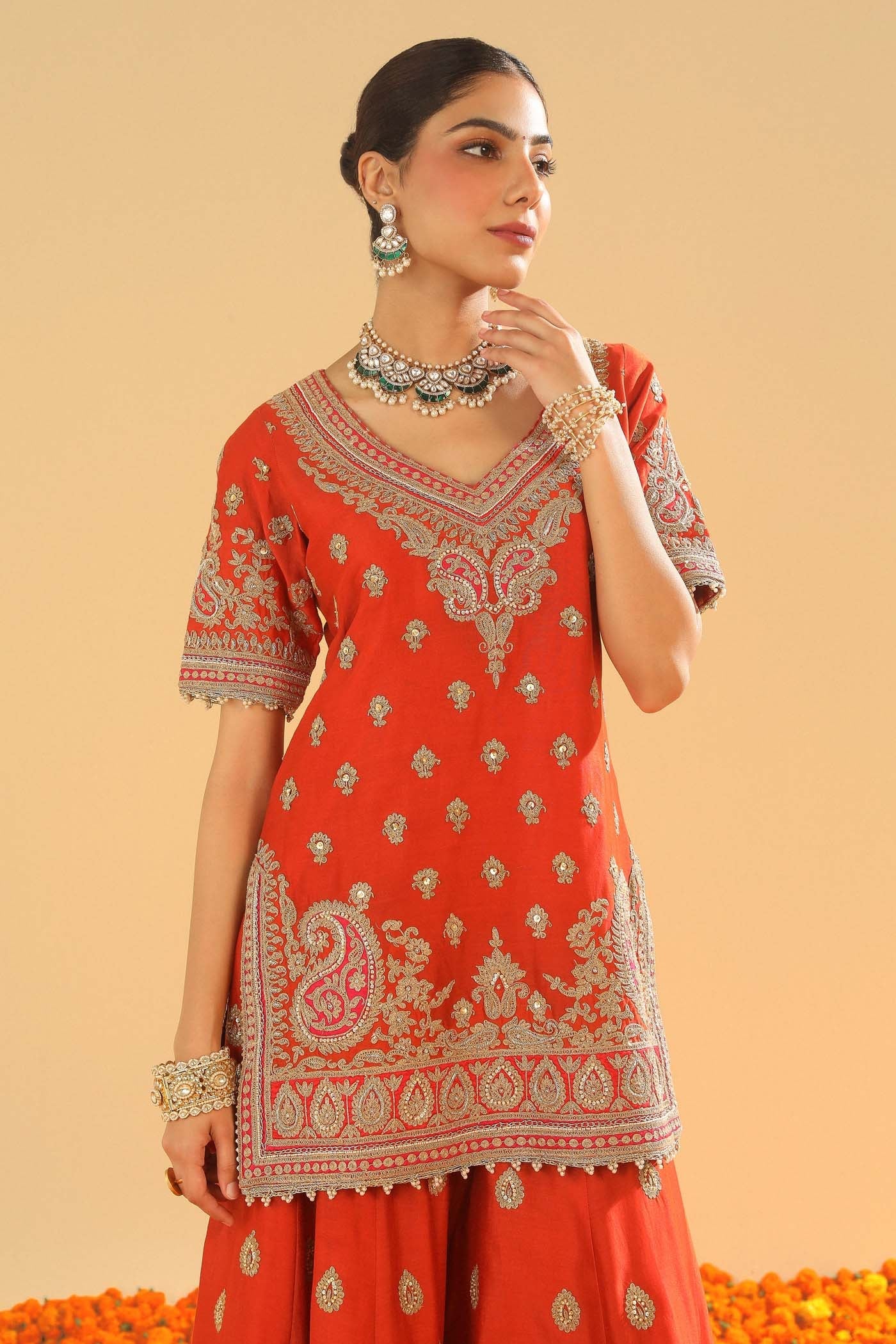 Shazfa - Burnt Orange Short Kurta With Sharara