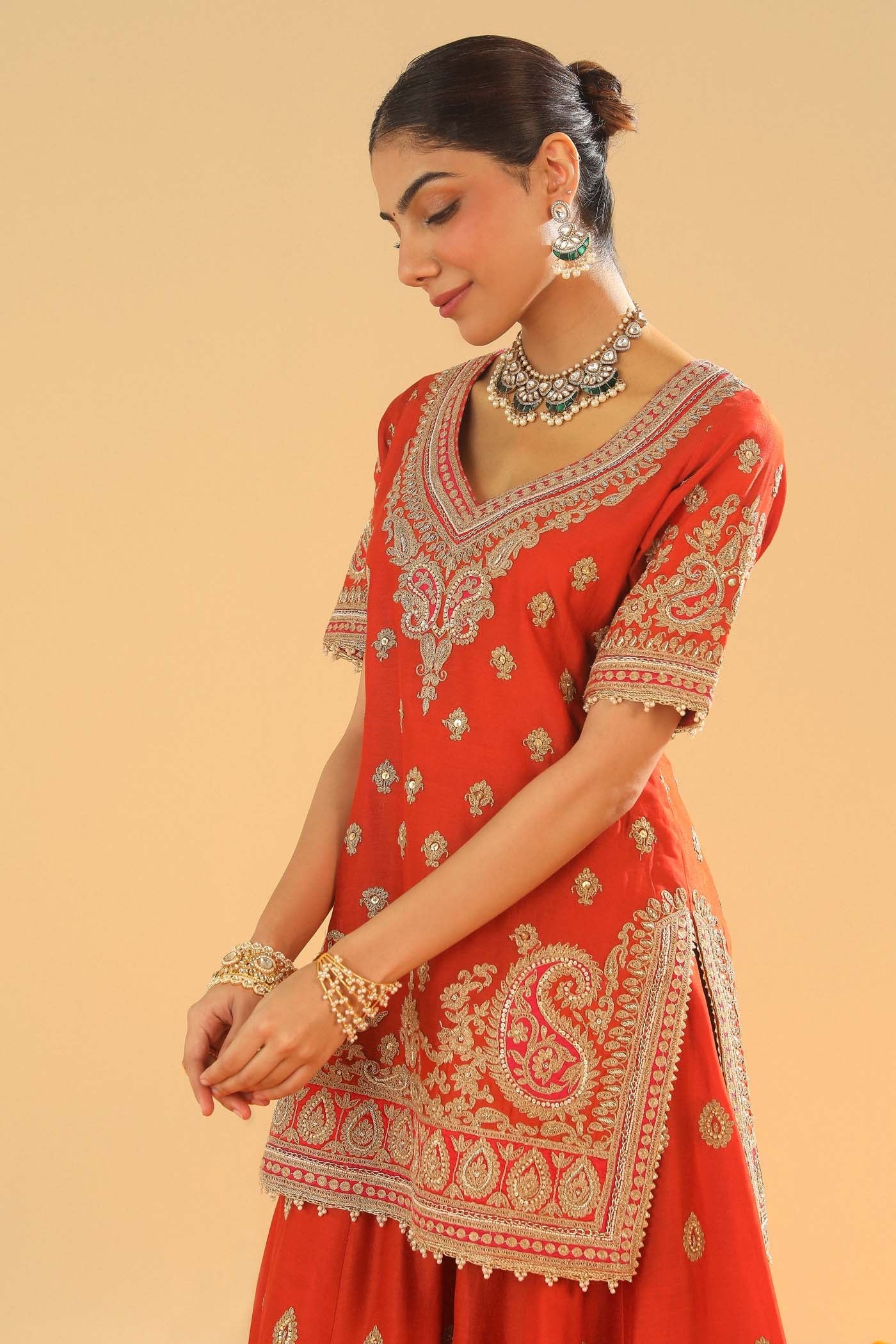 Shazfa - Burnt Orange Short Kurta With Sharara