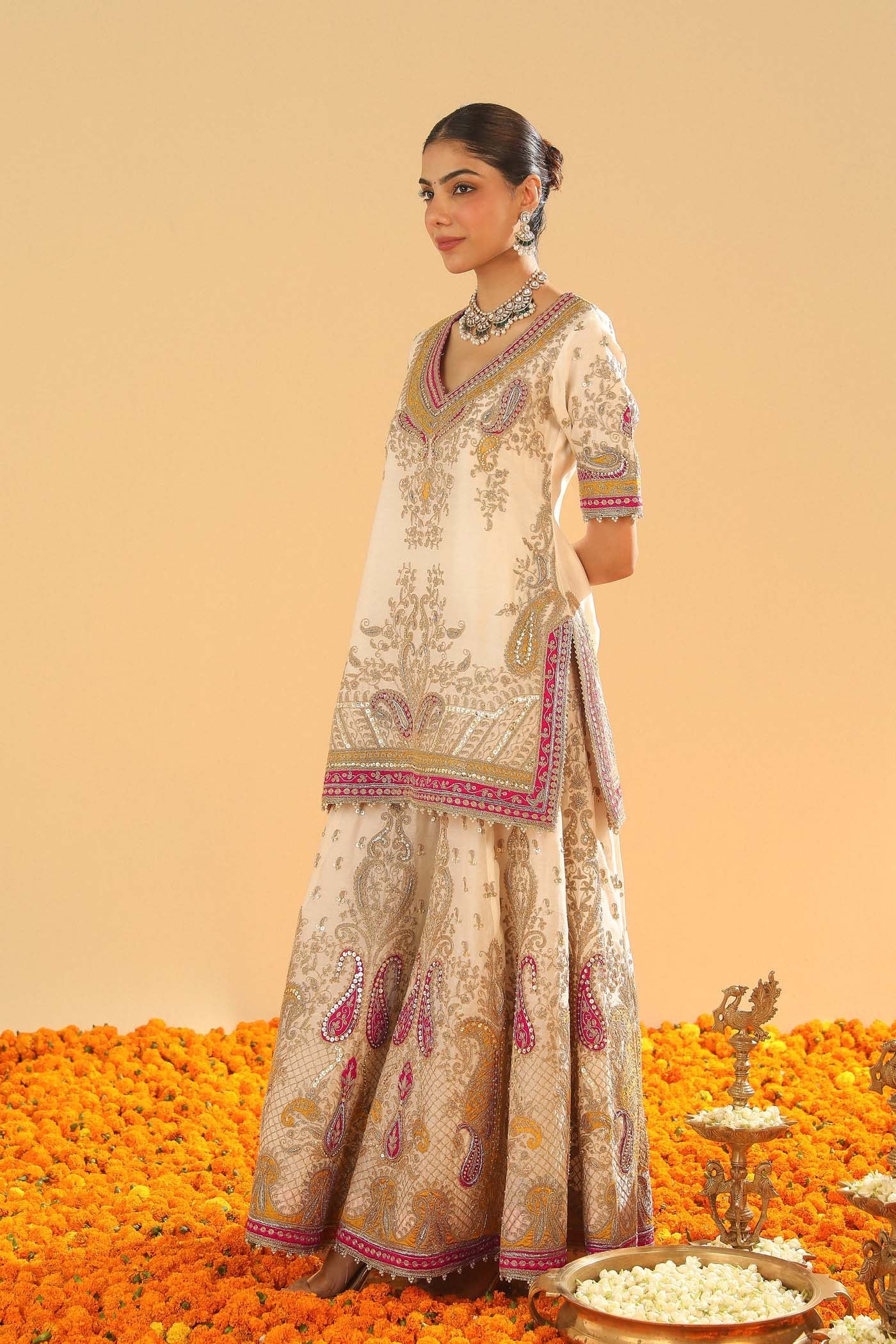 Sadiya - Daisy Ivory Short Kurta With Sharara