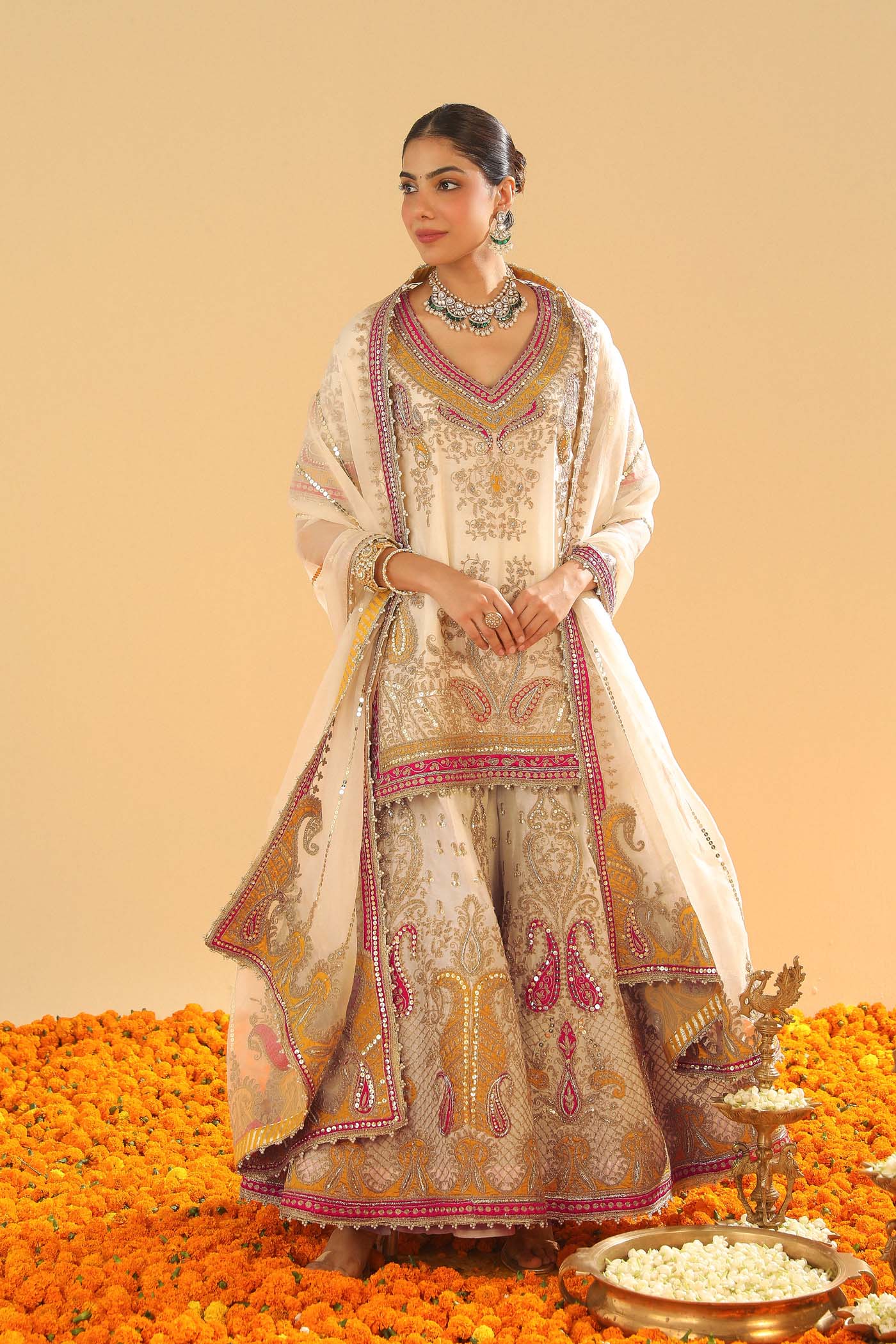 Sadiya - Daisy Ivory Short Kurta With Sharara