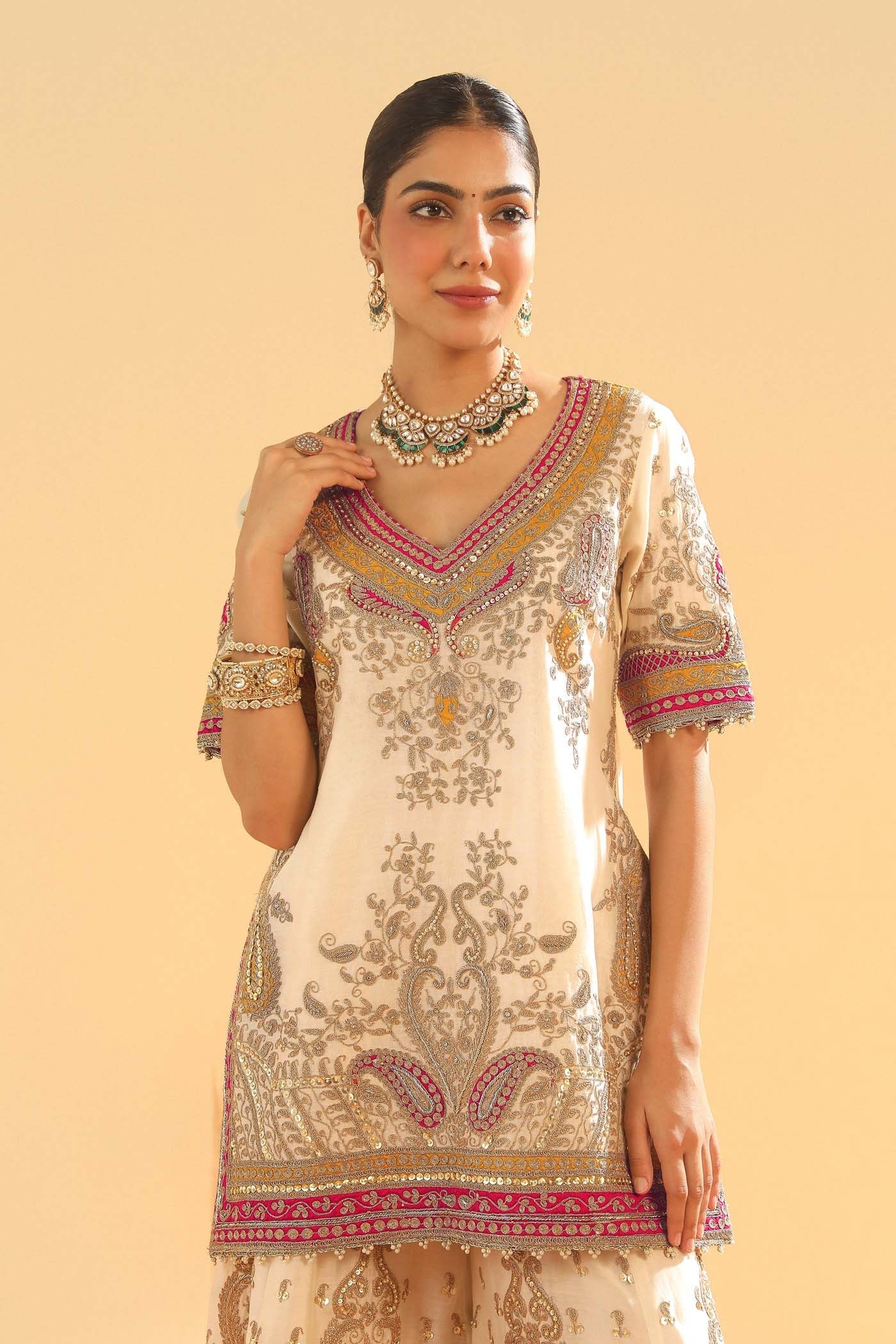 Sadiya - Daisy Ivory Short Kurta With Sharara