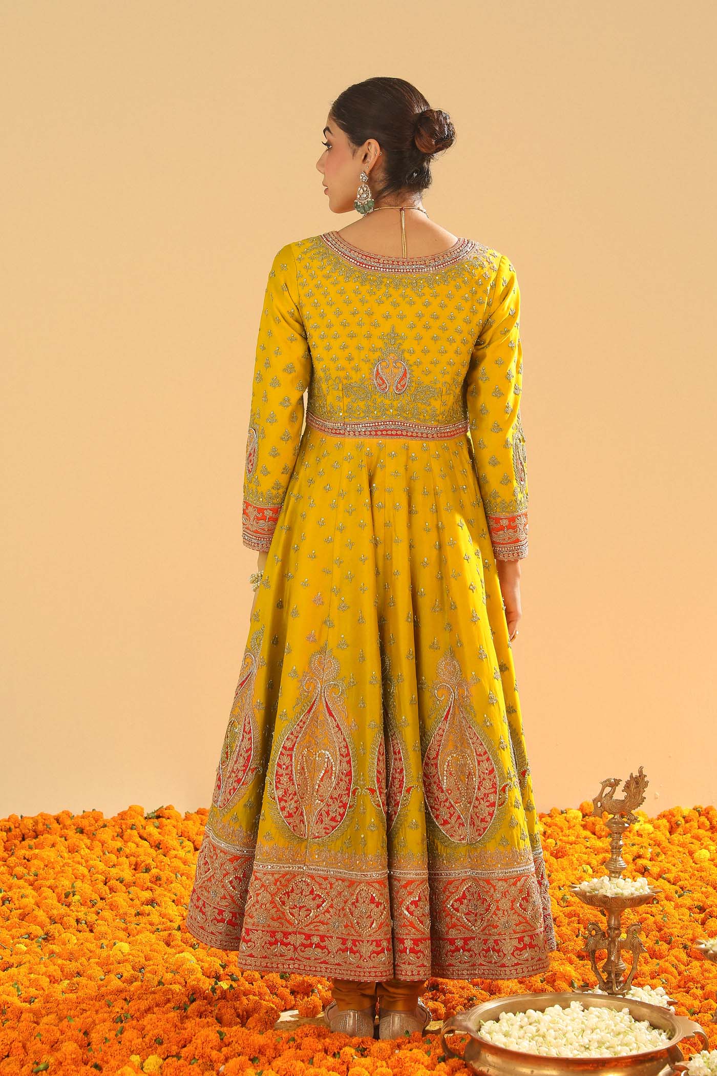 Shazia - Heirloom Mustard Anarkaali With Chooridaar