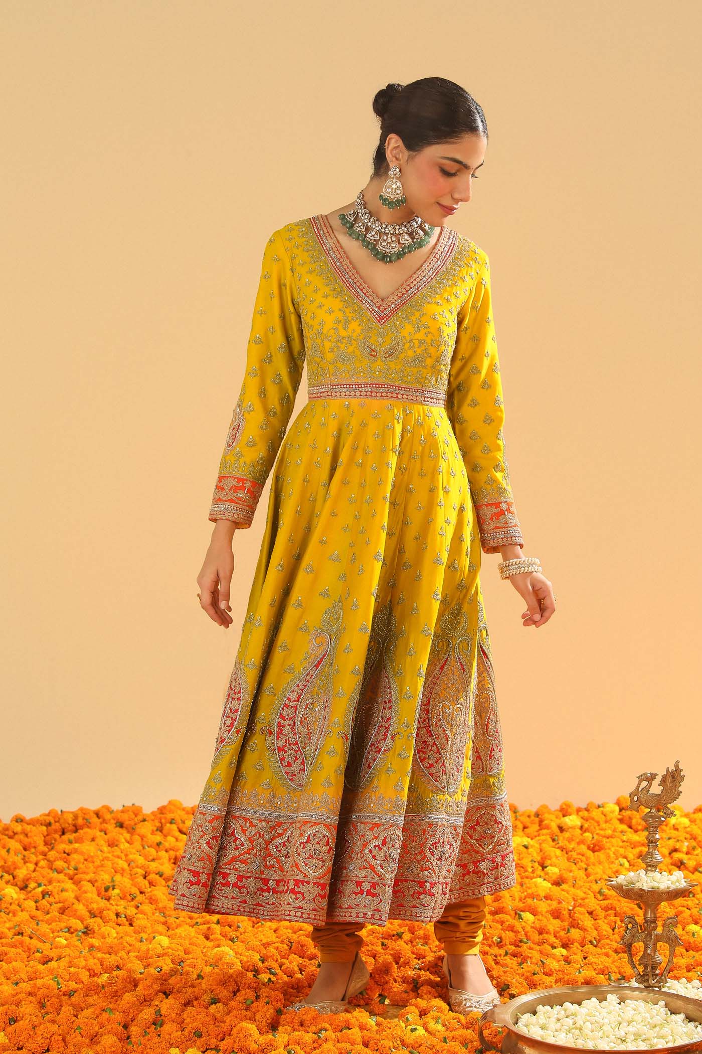 Shazia - Heirloom Mustard Anarkaali With Chooridaar