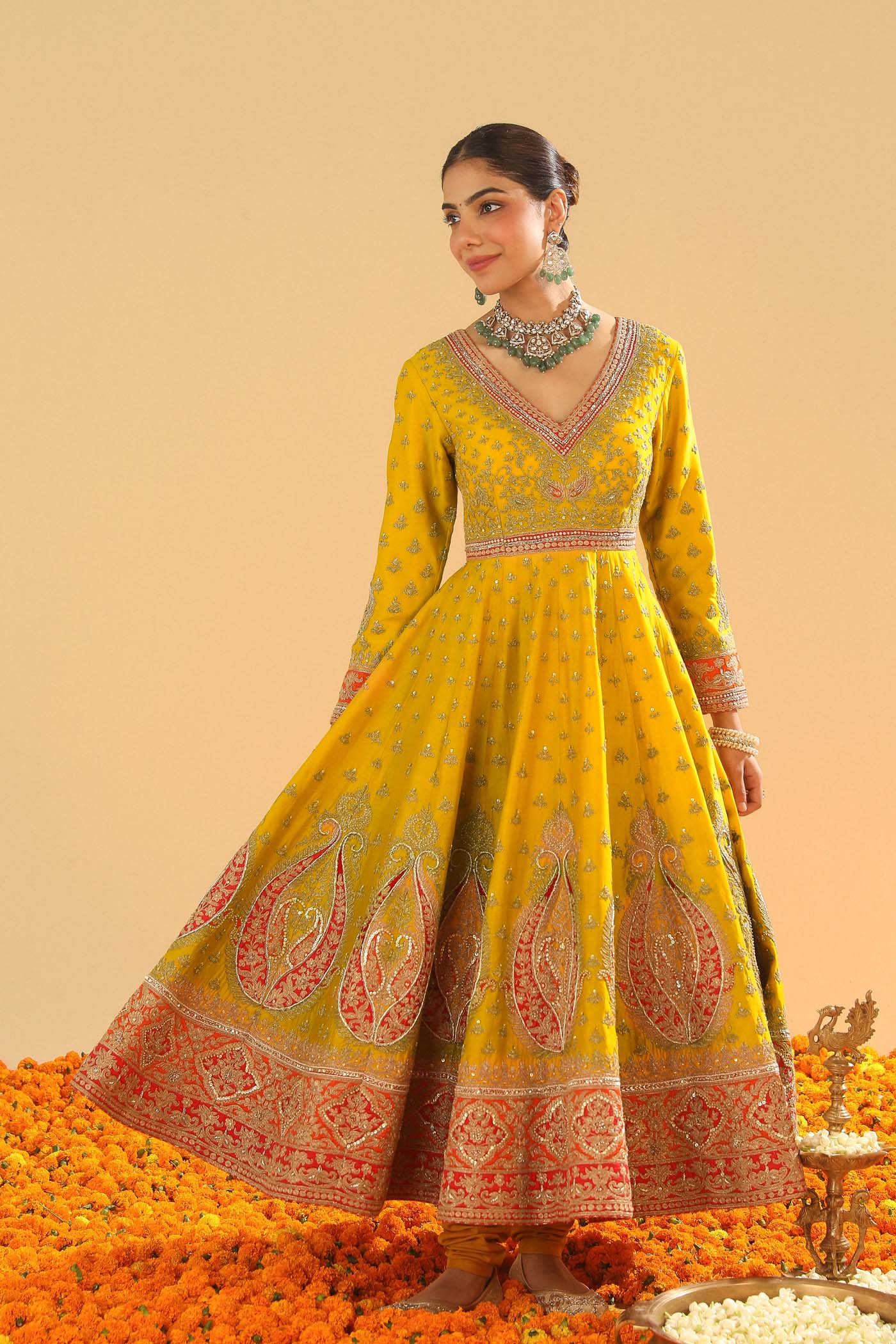 Shazia - Heirloom Mustard Anarkaali With Chooridaar