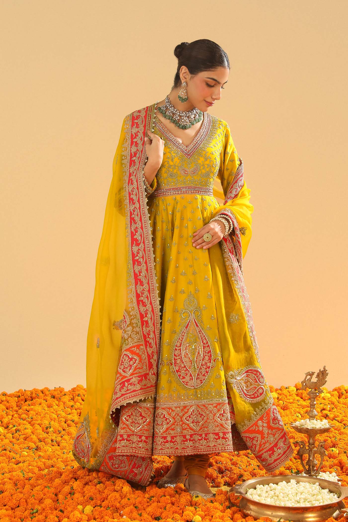 Shazia - Heirloom Mustard Anarkaali With Chooridaar