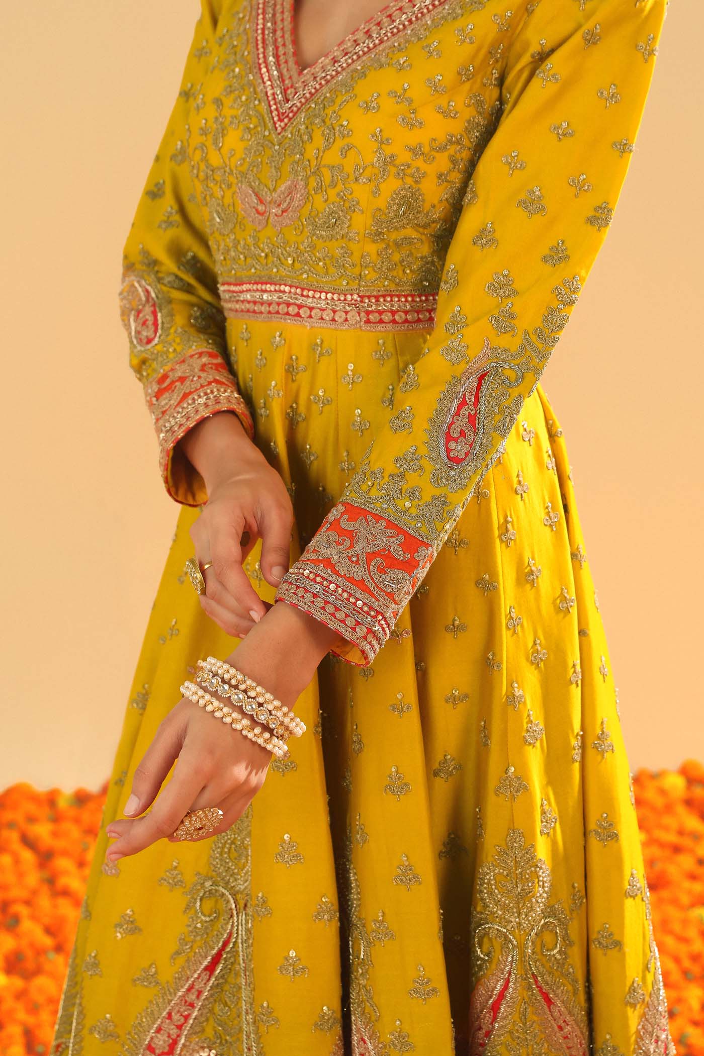 Shazia - Heirloom Mustard Anarkaali With Chooridaar